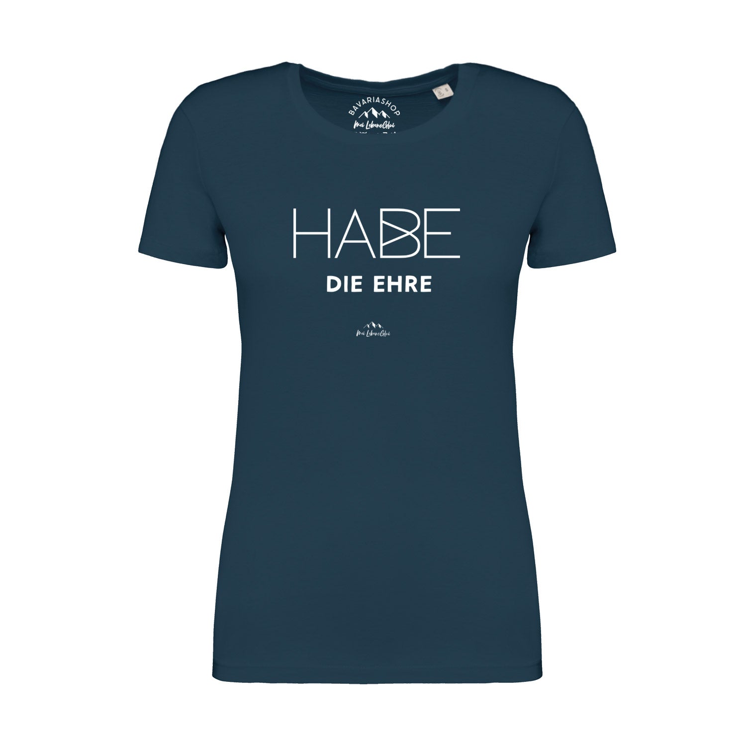 Dunkelblaues Damen T-Shirt Habe die Ehre mit weißem Schriftzug und engem Schnitt.