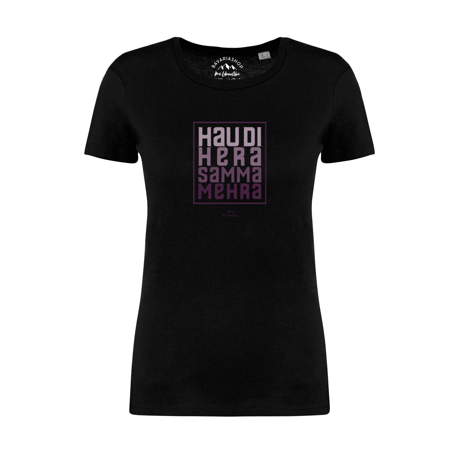 Schwarzes Damen T-Shirt "Hau di hera" mit lila Schriftzug im Box-Design und Kurzarm.