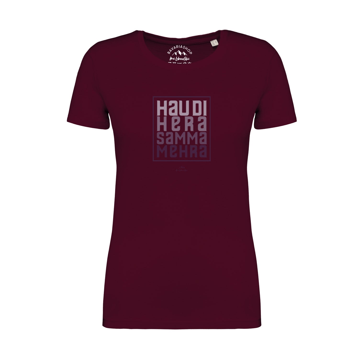 Rotes Damen T-Shirt "Hau di hera" mit weißem Schriftzug und blauem Umriss auf der Brust.