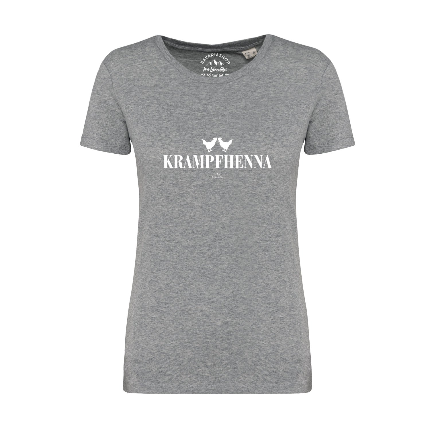 Graues Damen T-Shirt Krampfhenna aus Baumwolle mit weißem Hühner-Print und Schriftzug für Frauen