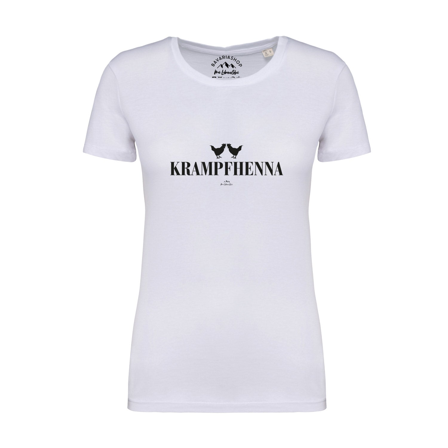 Weißes Damen T-Shirt Krampfhenna mit schwarzem Hühner-Print und Schriftzug für Frauen