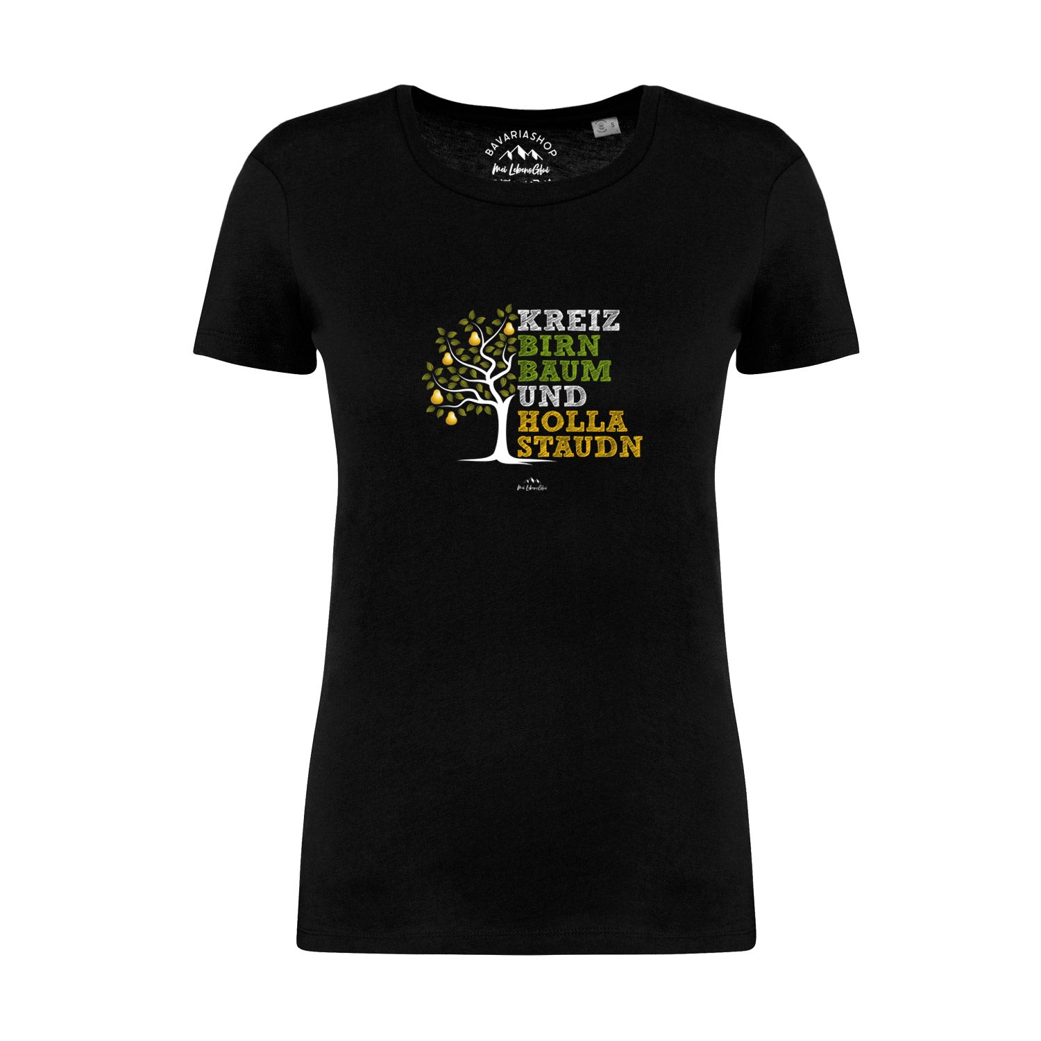 Schwarzes Damen T-Shirt Kreizbirnbaum mit hellem Birnbaum-Motiv und Schriftzug in Naturtönen.