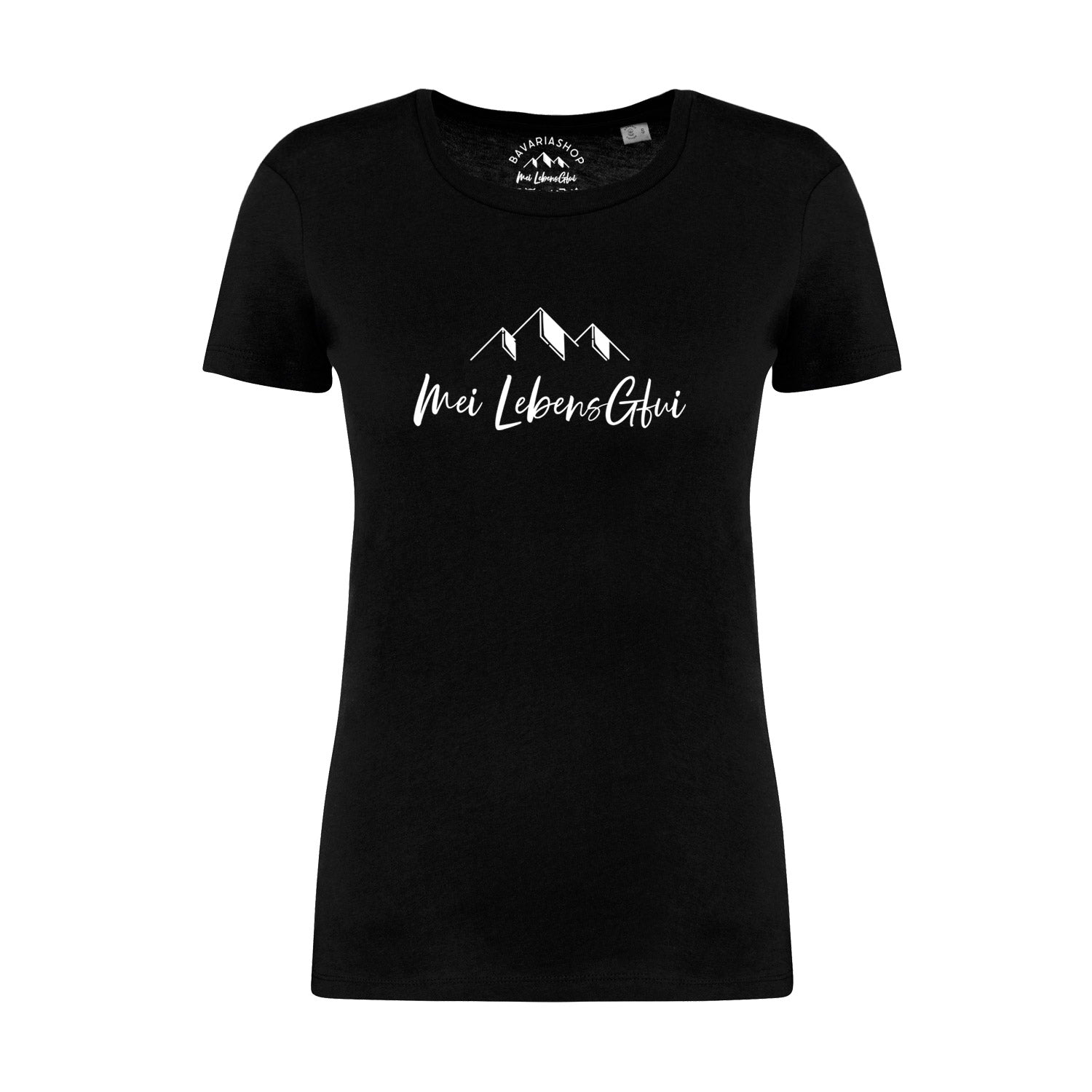 Schwarzes Damen T-Shirt Mei LebensGfui mit weißen Berghütten- und Schrift-Print, kurzärmlig.