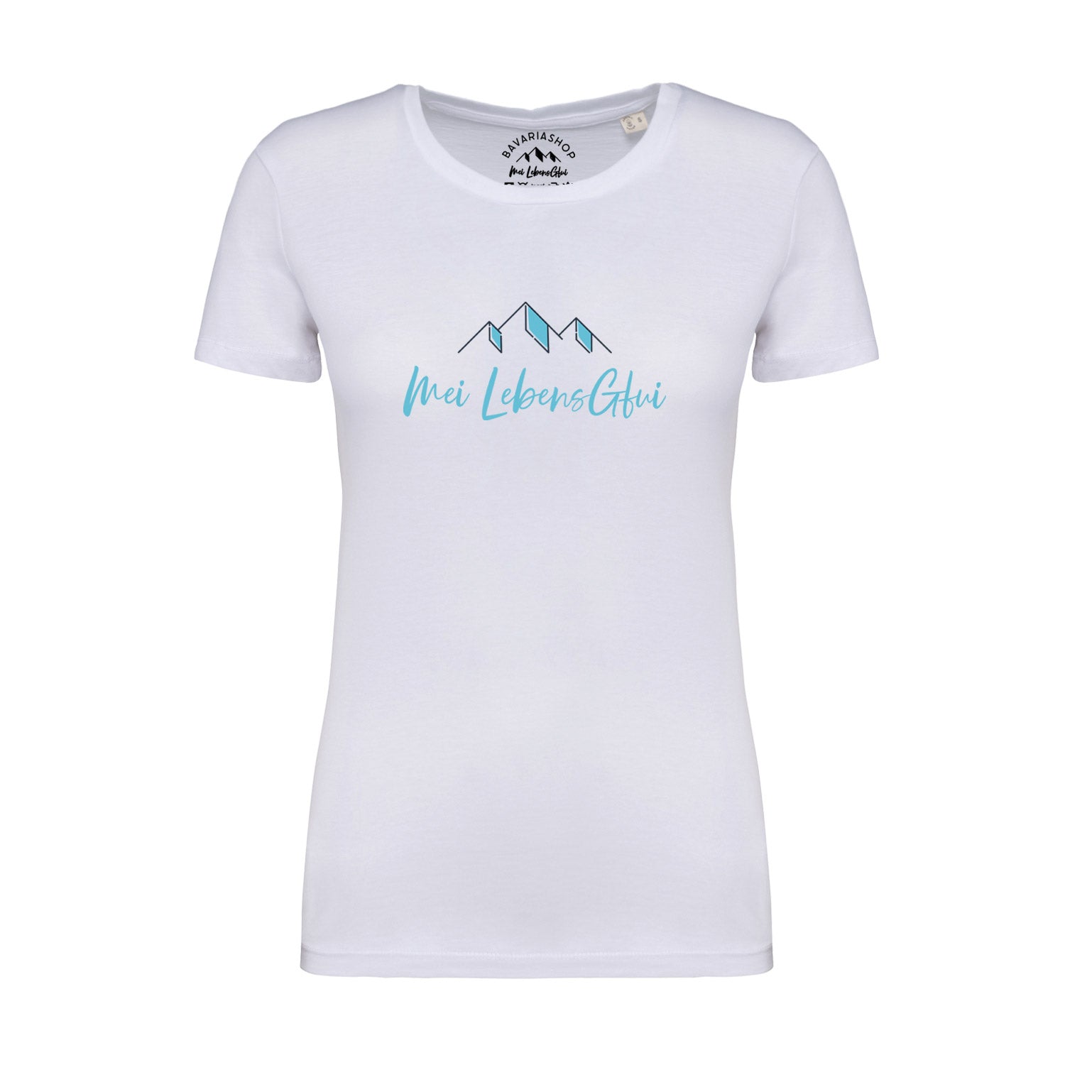 Weißes Damen T-Shirt "Mei LebensGfui" mit blauen, abstrahierten Bergen als Aufdruck, leicht tailliert.