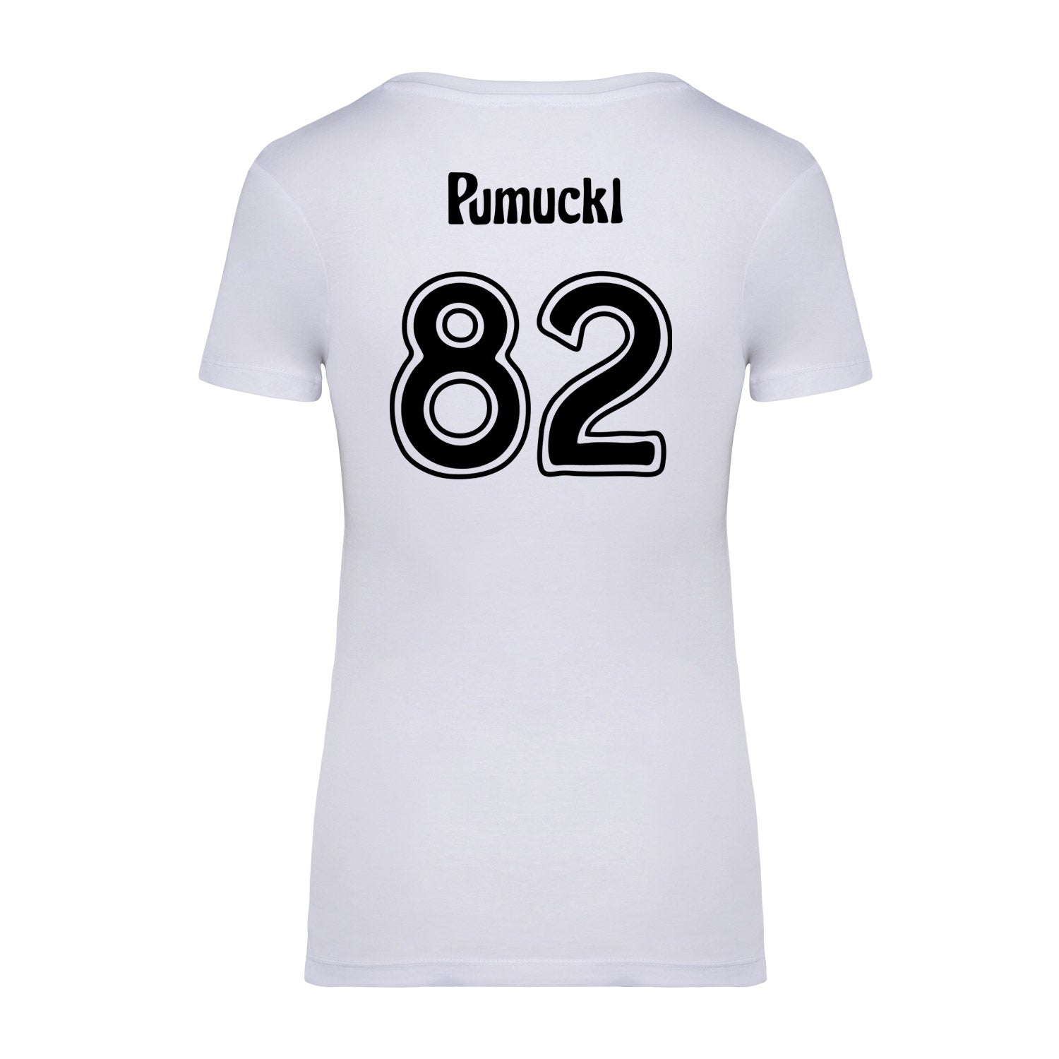 Rückseite des weißen Pumuckl Damen T-Shirts "Fußball Kobold" mit schwarzer Nummer 82 und Schriftzug.