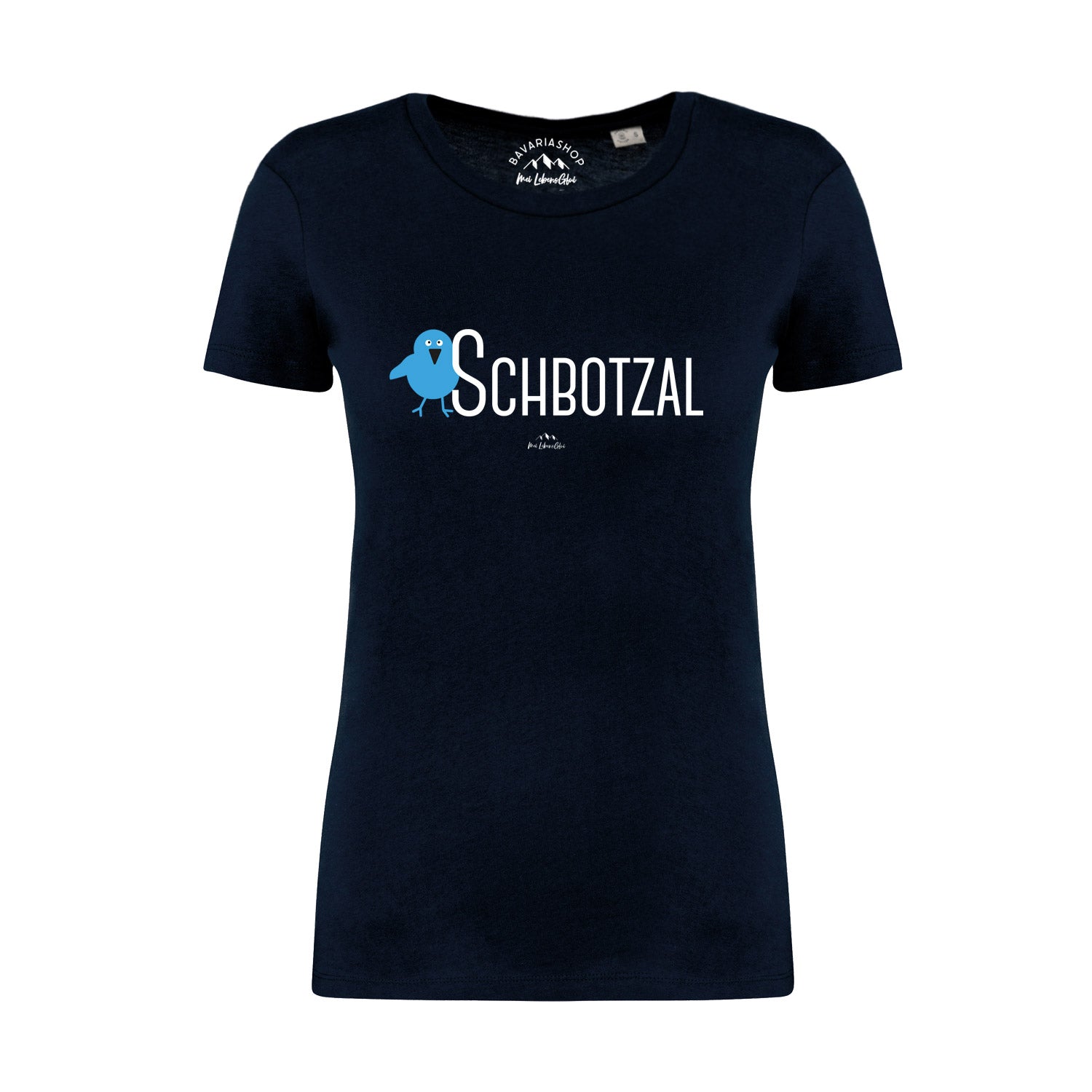 Dunkelblaues Damen T-Shirt "Schbotzal" mit kleinem blauen Vogel und weißem Schriftzug auf der Brust.