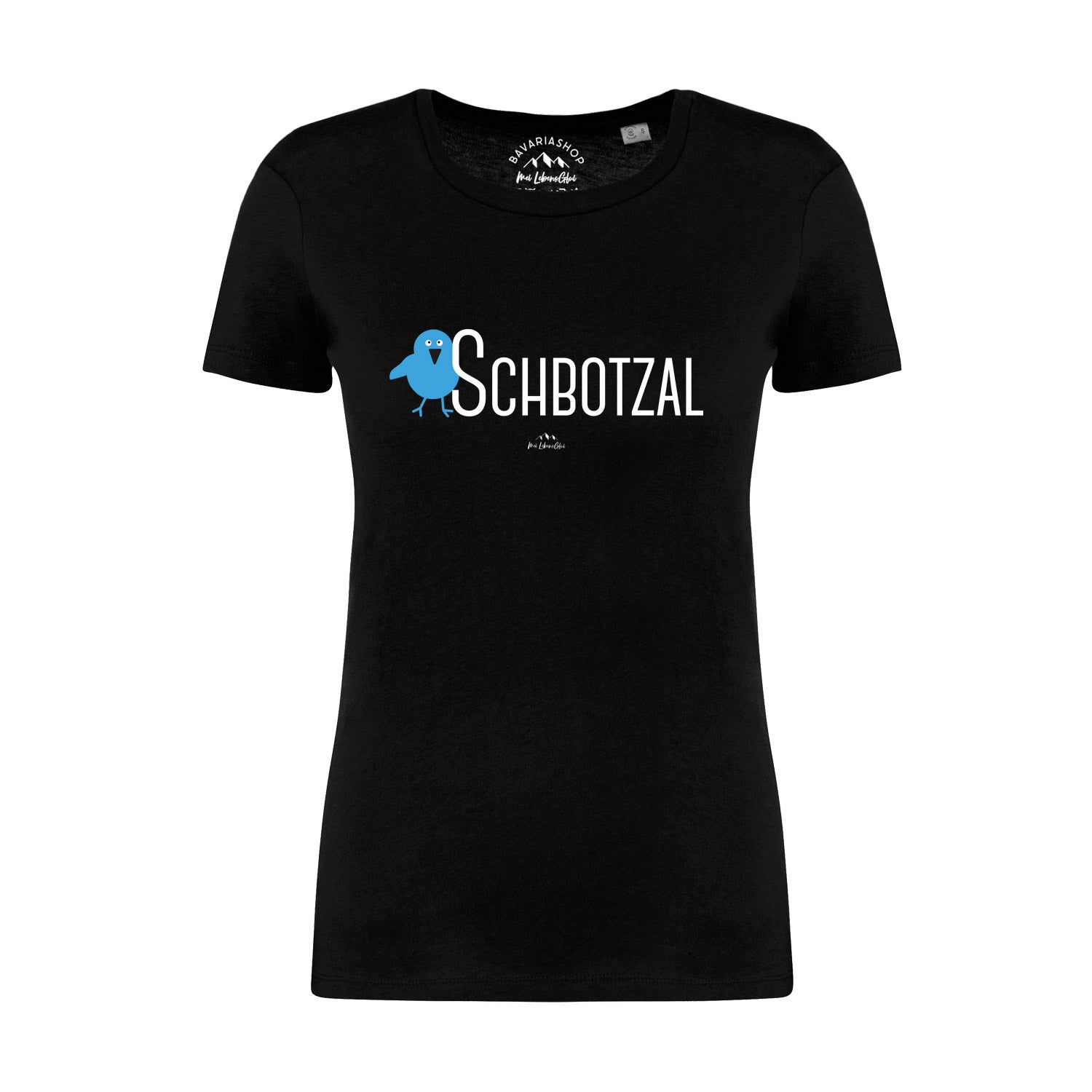 Damen T-Shirt Schbotzal in Schwarz mit weißem Schriftzug und blauem Vogelsymbol, auf weißem Hintergrund.