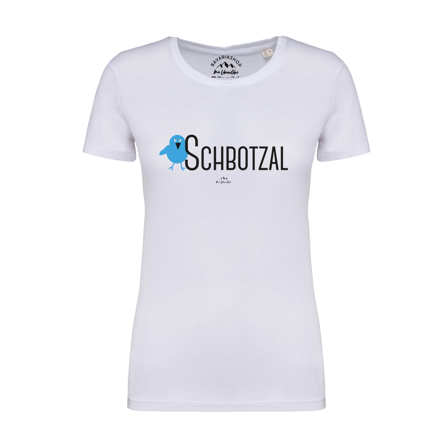Weißes Damen T-Shirt Schbotzal mit blauem Vogel und schwarzer Aufschrift, Rundhalsausschnitt