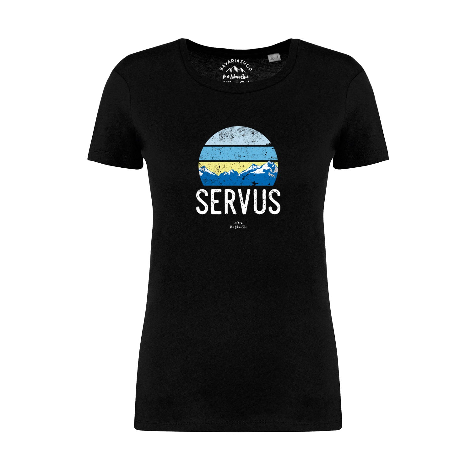 Figurbetontes Damen T-Shirt Servus in Schwarz mit Bergmotiv-Print in Blau und Gelb auf der Vorderseite