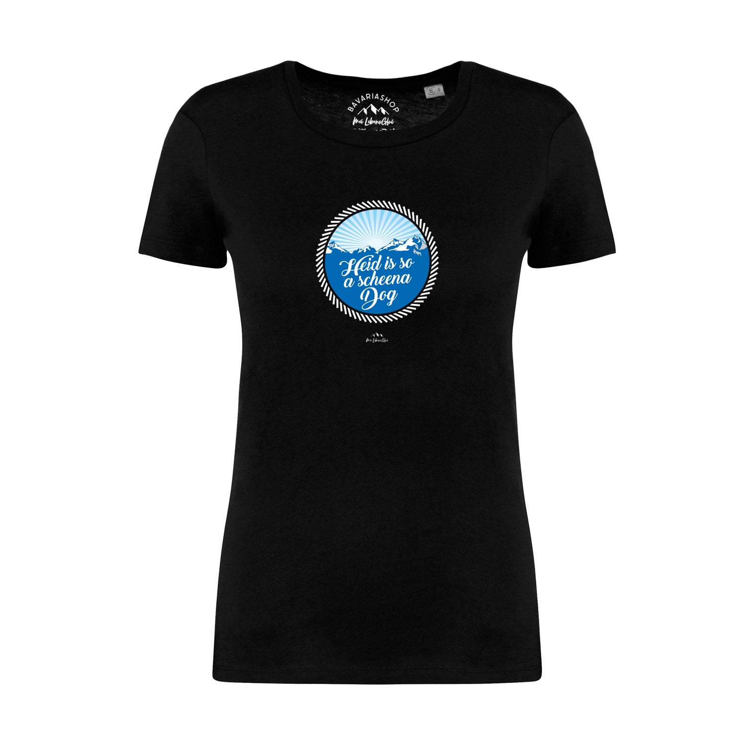 Schwarzes Damen T-Shirt So a scheena Dog mit blauem Druck und Bergmotiv, Rundhals und kurzen Ärmeln.