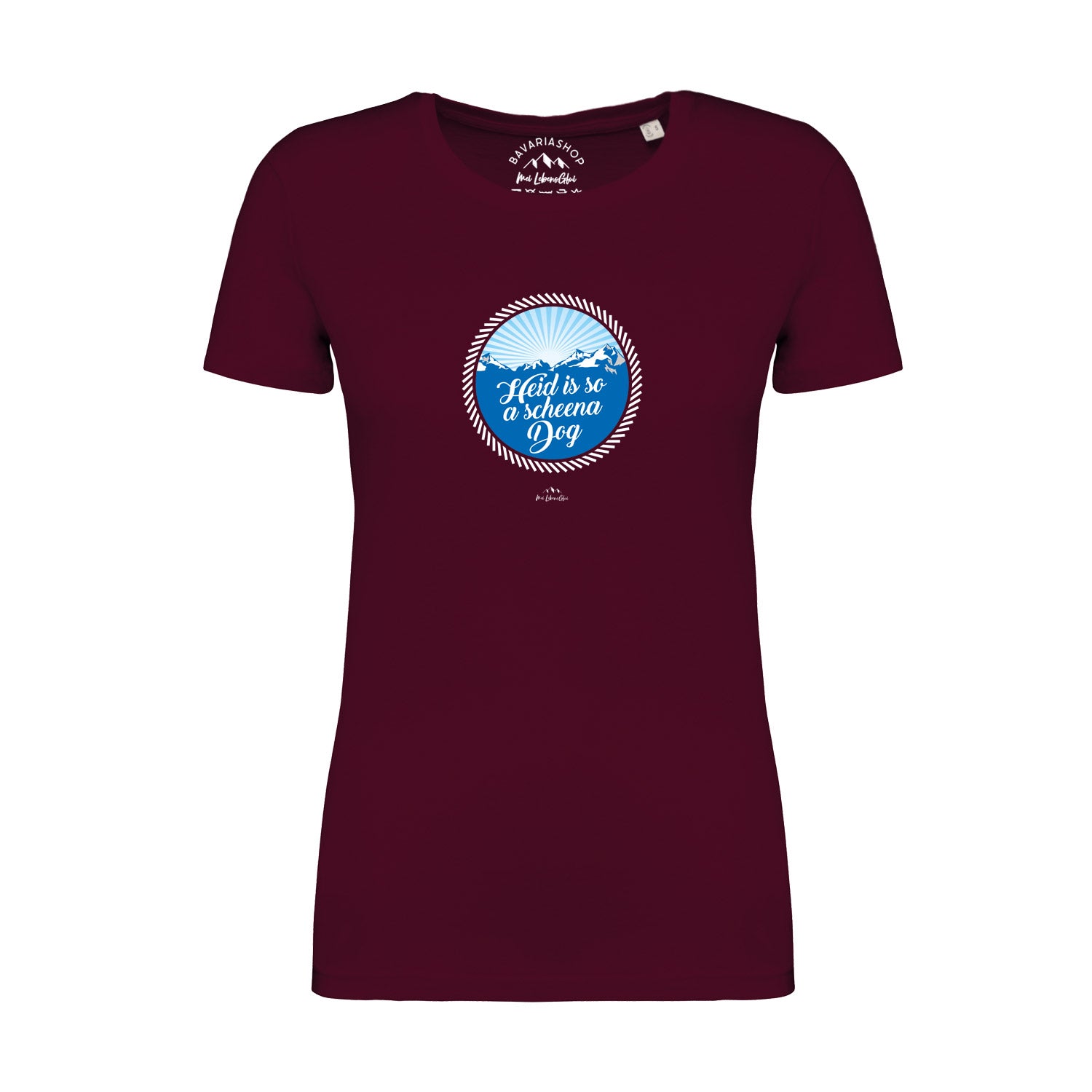 Damen T-Shirt So a scheena Dog in Bordeauxrot mit blauem Berg- und Schriftzugmotiv, taillierter Schnitt.