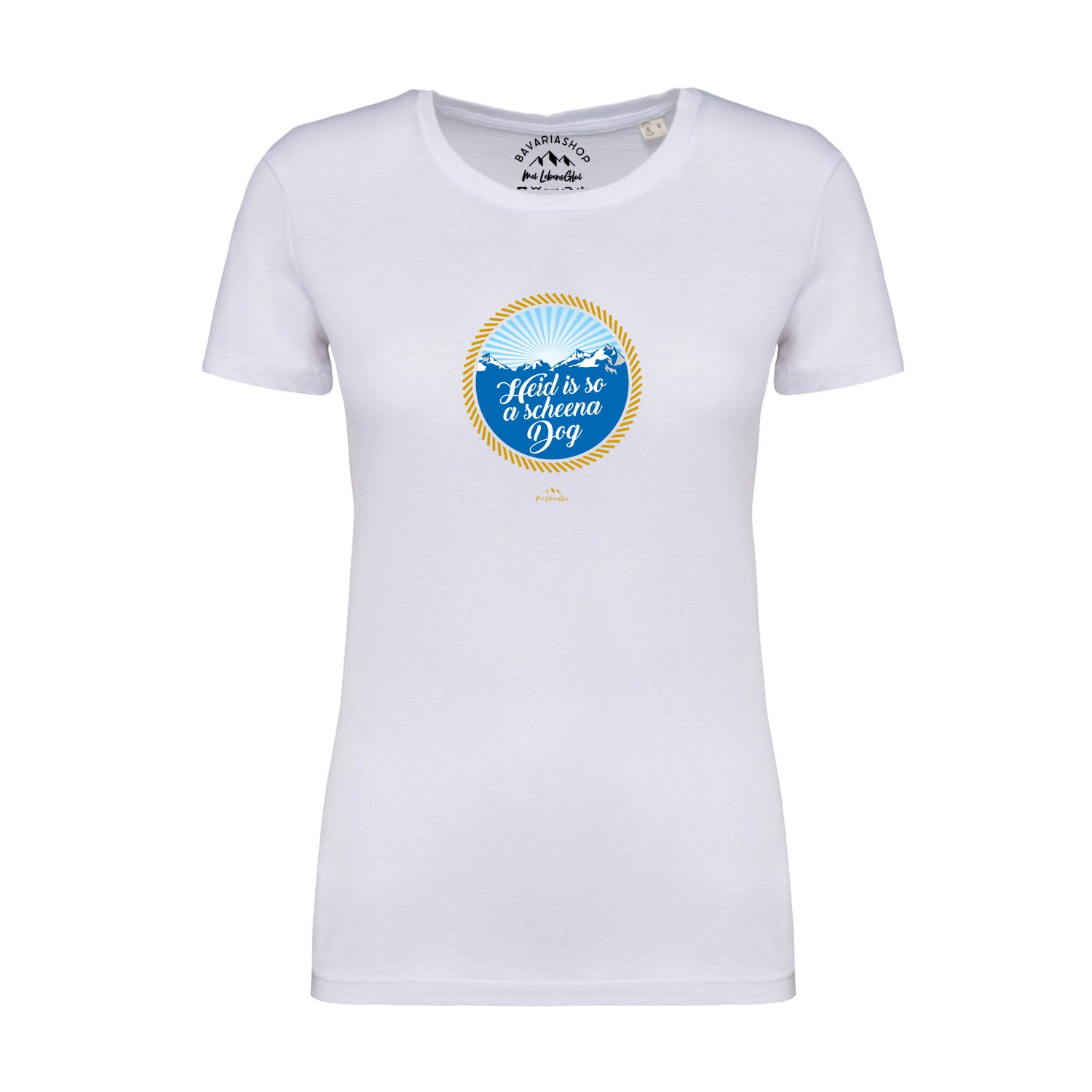 Weißes Damen T-Shirt So a scheena Dog mit blauem Bergmotiv und gelbem Spruchkranz.