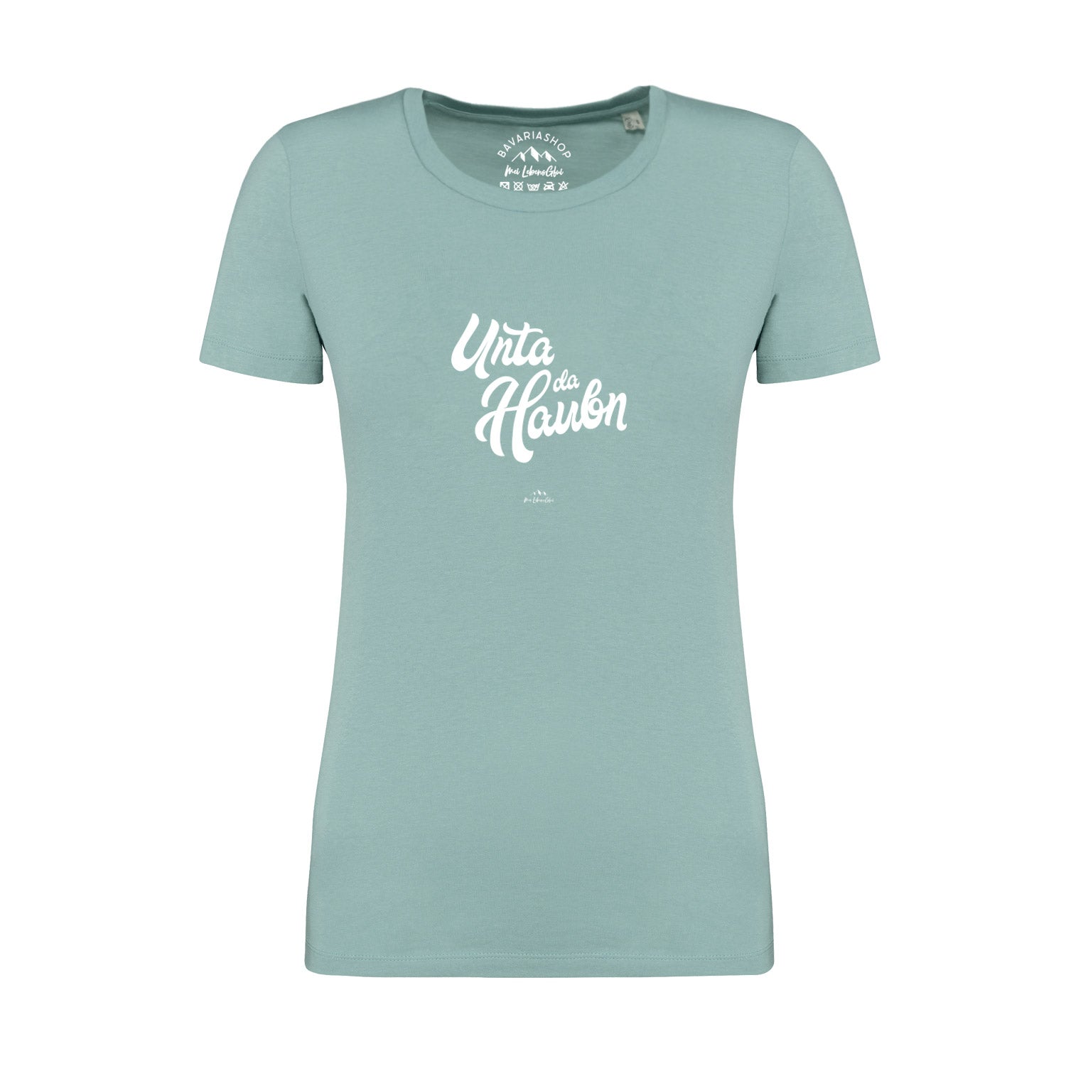 Einfarbiges Damen T-Shirt "Unta da Haubn" in Hellblau mit weißem Schriftzug auf der Brust.