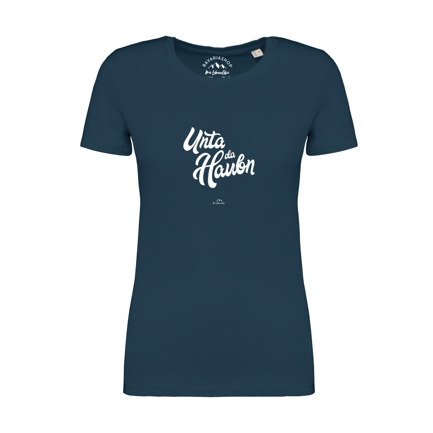 Damen T-Shirt Unta da Haubn in Dunkelblau mit weißem Schriftzug, kurzärmelig und Rundhalsausschnitt.