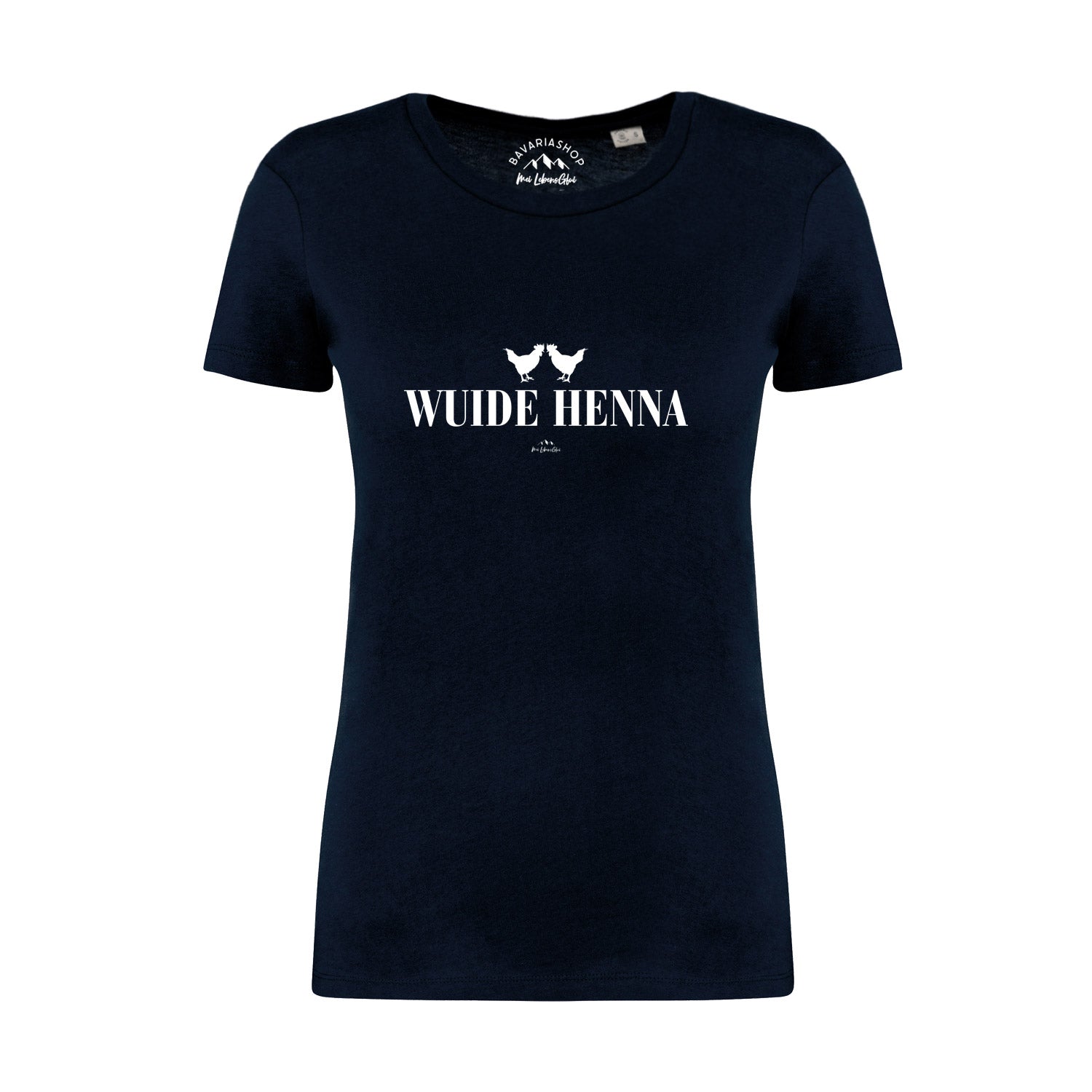 Dunkelblaues Damen T-Shirt "Wuide Henna" mit weißem Schriftzug und Hühner-Grafik, taillierter Schnitt
