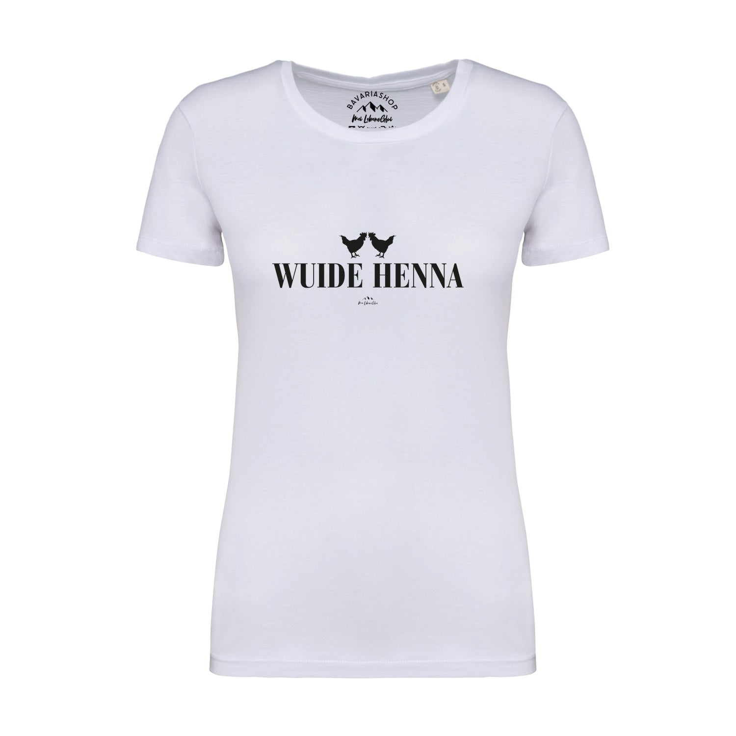 Weißes Damen T-Shirt "Wuide Henna" mit stilisiertem Hühnermotiv und schwarzem Schriftzug, eng anliegend.