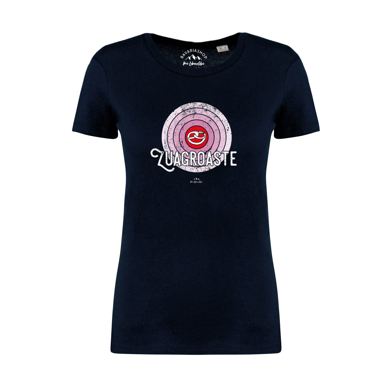 Dunkelblaues Damen T-Shirt Zuagroaste mit Aufdruck einer Schallplatte und dem Schriftzug in Weiß.