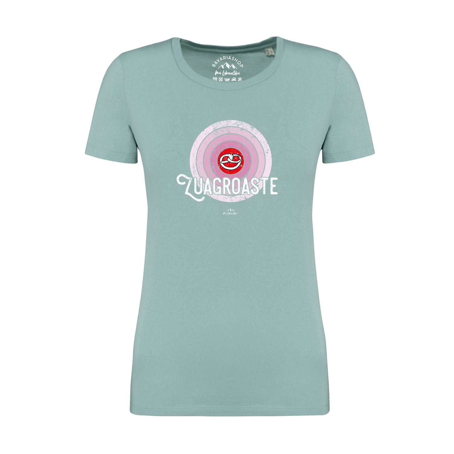 Damen T-Shirt Zuagroaste in Aquagrün mit rosa Schallplatten-Motiv und Lippen-Detail im Vintage-Look.