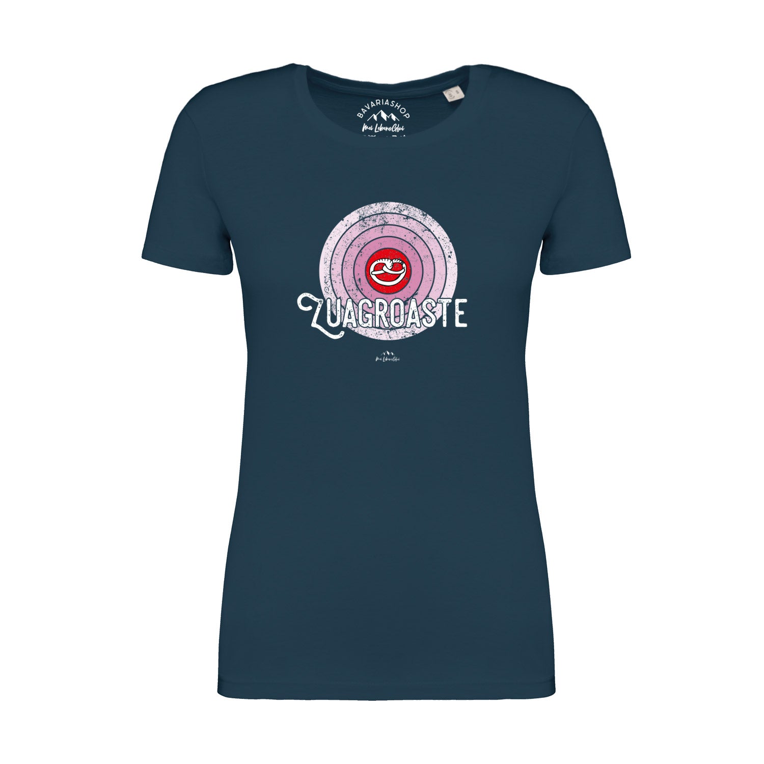 Dunkelblaues Damen T-Shirt "Zuagroaste" mit rosafarbenem Schallplatten-Motiv und weißer Schrift