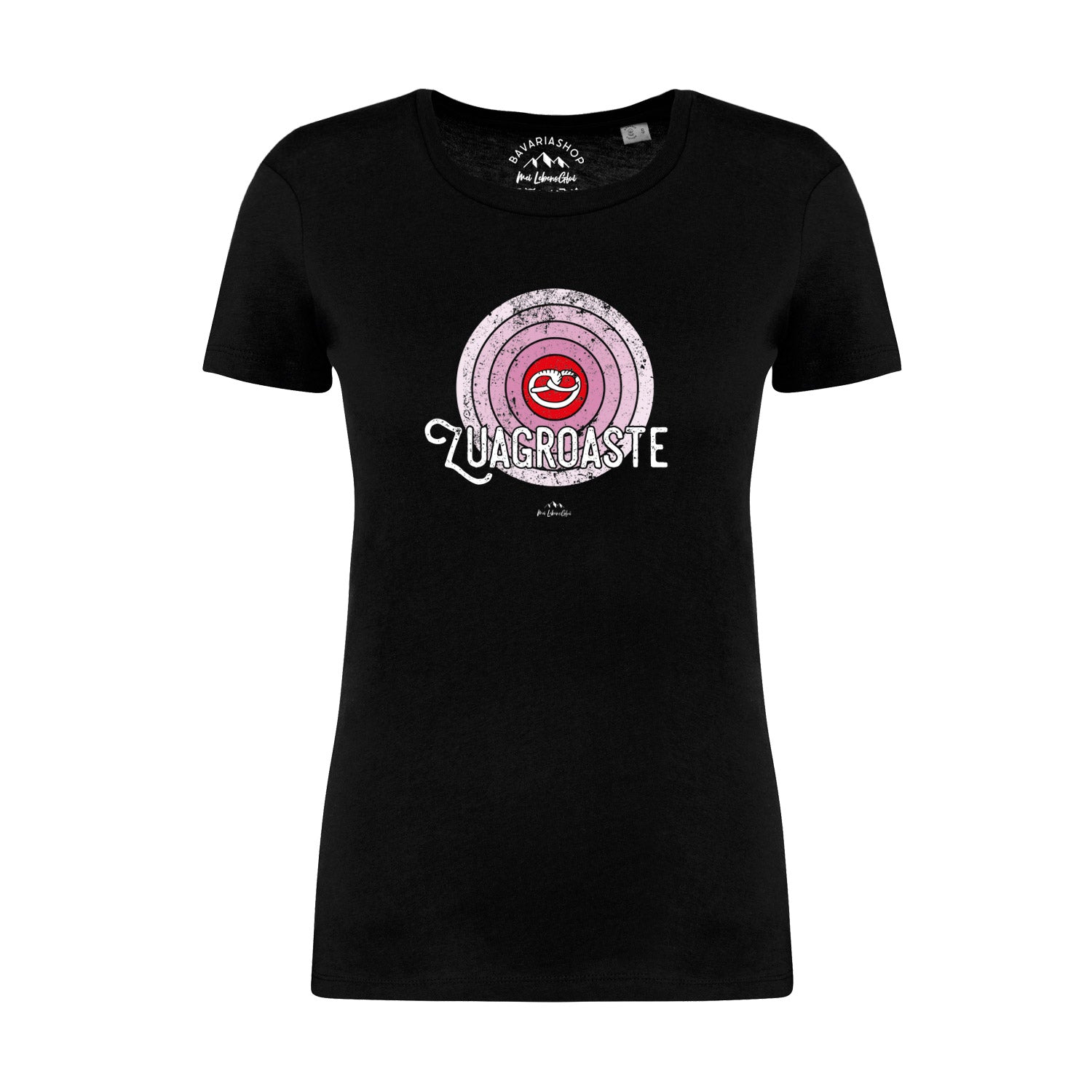 Schwarzes Damen T-Shirt Zuagroaste mit Rundhalsausschnitt und rosa Schallplatten-Motiv in Vintage-Optik