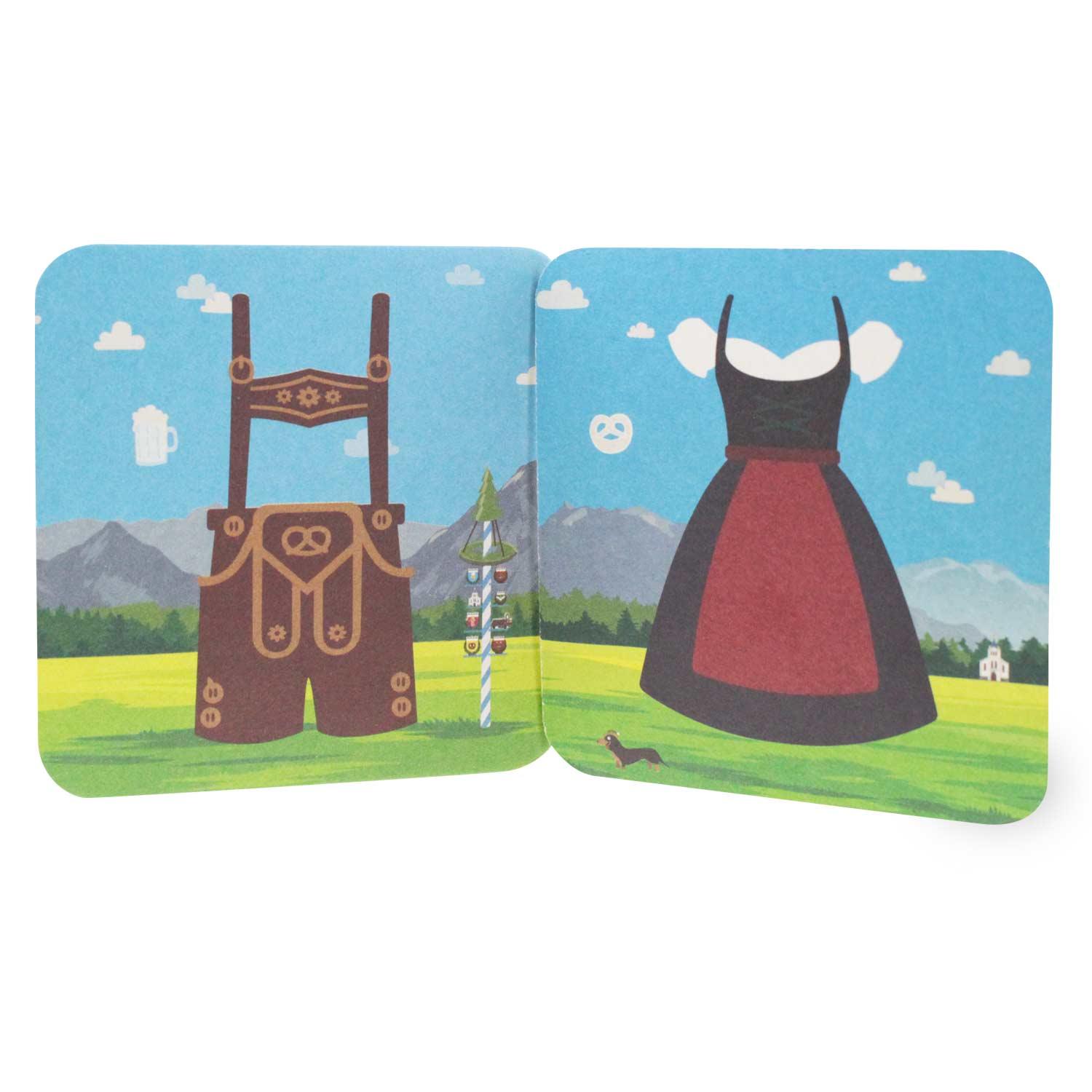 Oktoberfest-Box Wiesnkrug & Deko: Illustration mit Tracht, Dirndl, Lederhose, Maibaum und Bergpanorama.