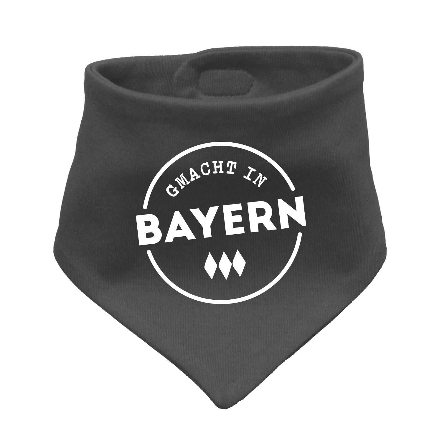 Babyhalstuch "Gmacht in Bayern" in Dunkelgrau mit weißem bayerischem Schriftzug und Rautenmuster, Tracht