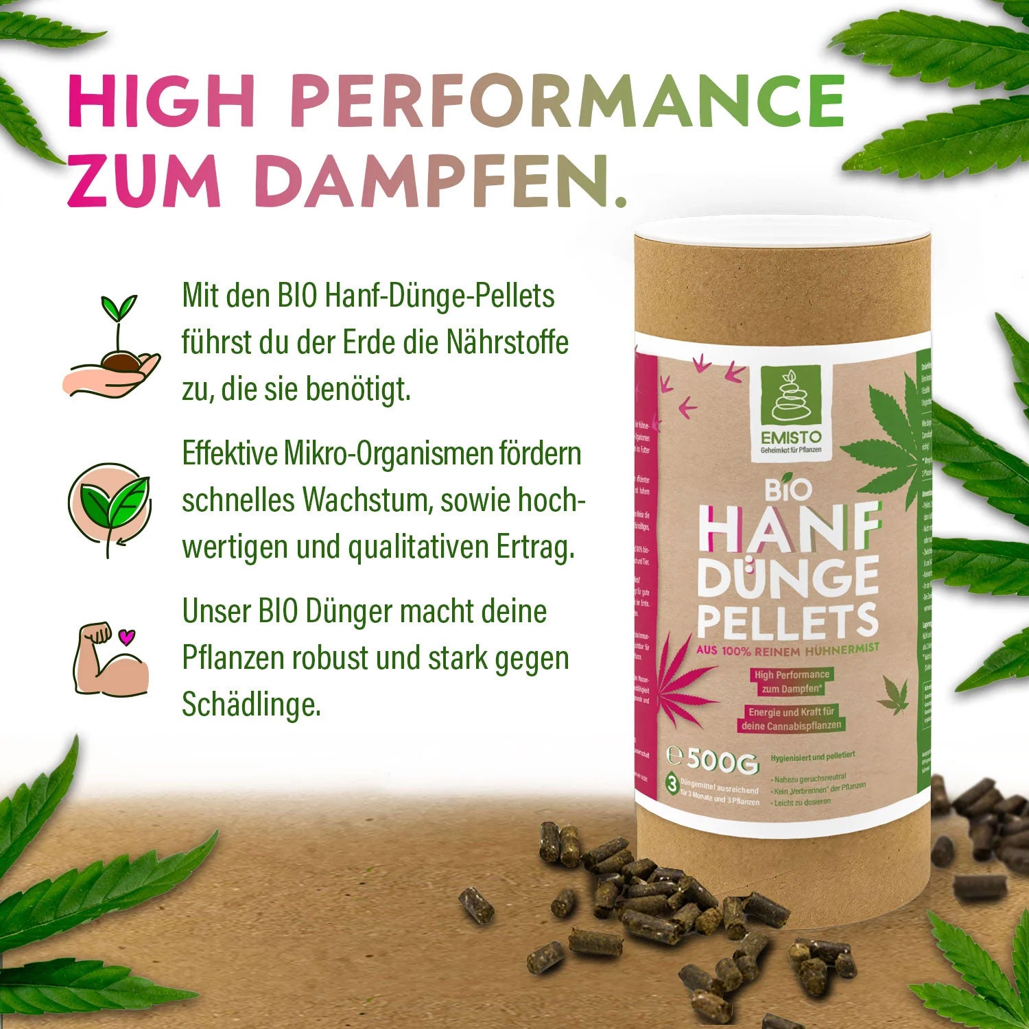 EMISTO BIO Hanf Dünger Pellets in brauner Dose, umgeben von Hanfblättern und Düngerkörnchen, 500g für Cannabis.