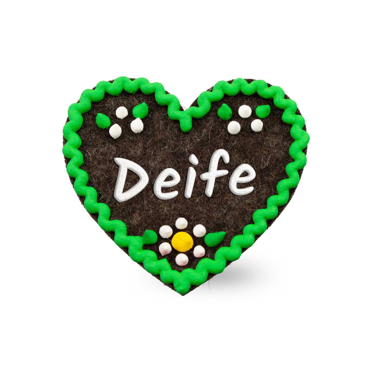 Brauner Filzherz-Anstecker "Deife" mit grüner Zierborte und weißen Tupfen, Oktoberfest-Accessoire.
