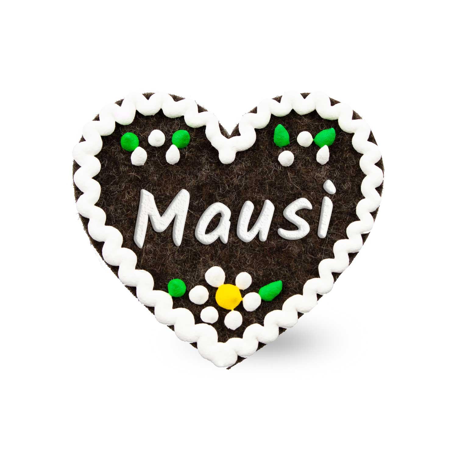 Brauner Filzherz-Anstecker Mausi mit weißer Rüschenkante und farbigen Blumenmotiven als traditionelles Accessoire.