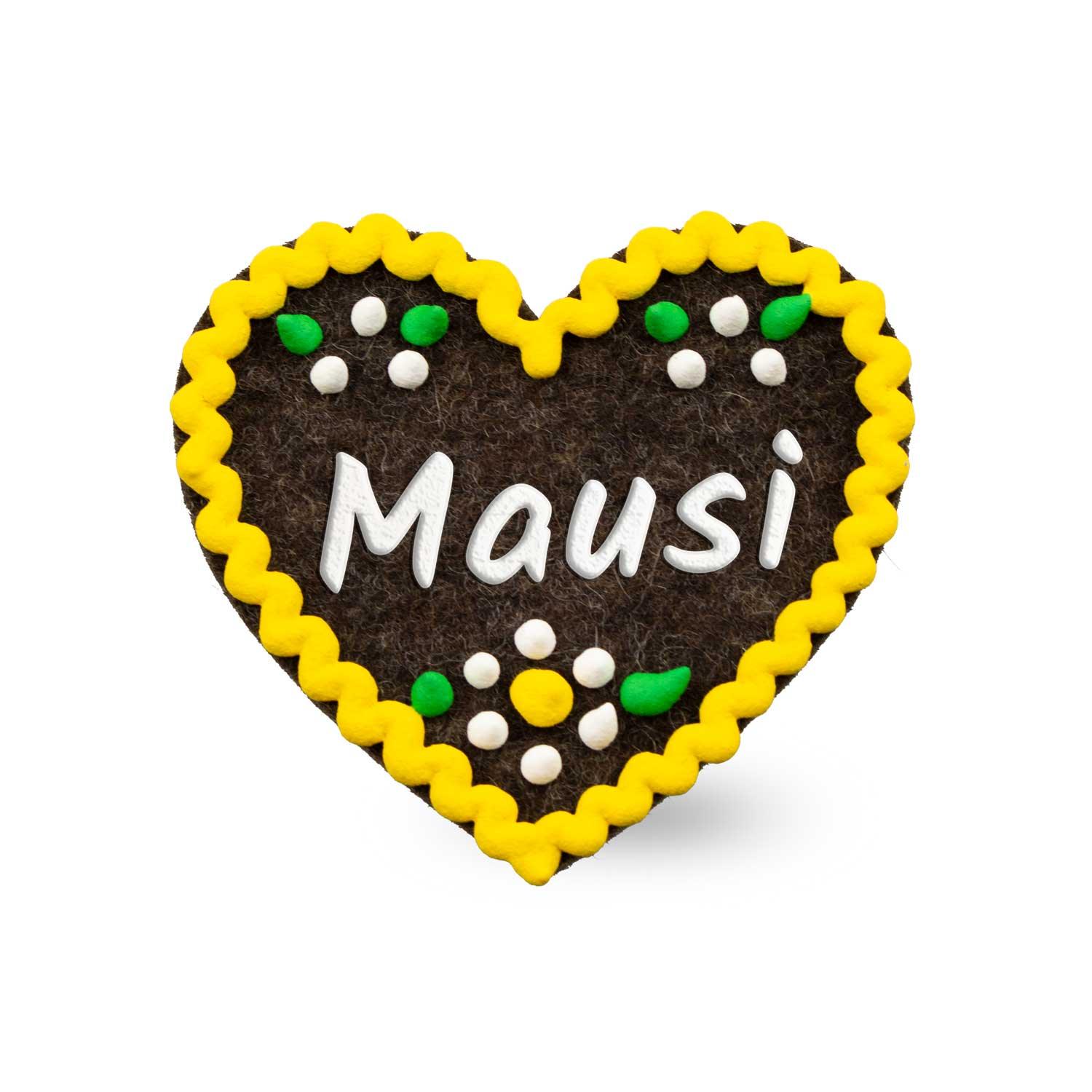 Brauner Filzherz-Anstecker Mausi mit gelbem Rand und grünen, weißen, gelben Punkten als Verzierung