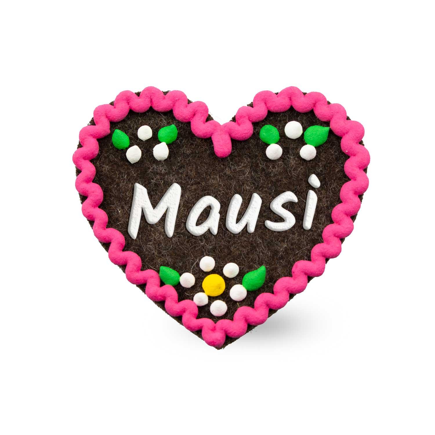 Brauner Filzherz-Anstecker Mausi mit pinker Umrandung und weißen Blumen mit gelber Mitte