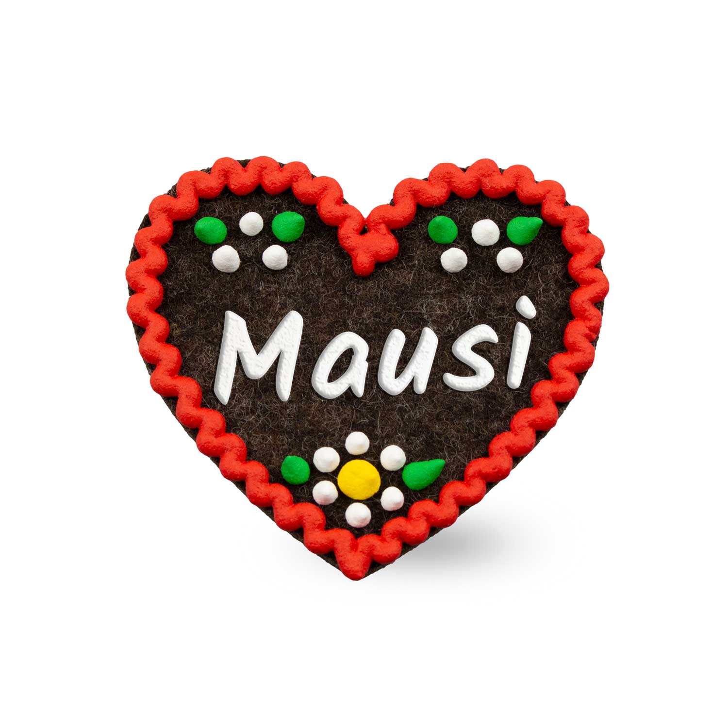 Brauner Filzherz-Anstecker "Mausi" mit rotem Zickzackrand und weißen sowie bunten Punkten.