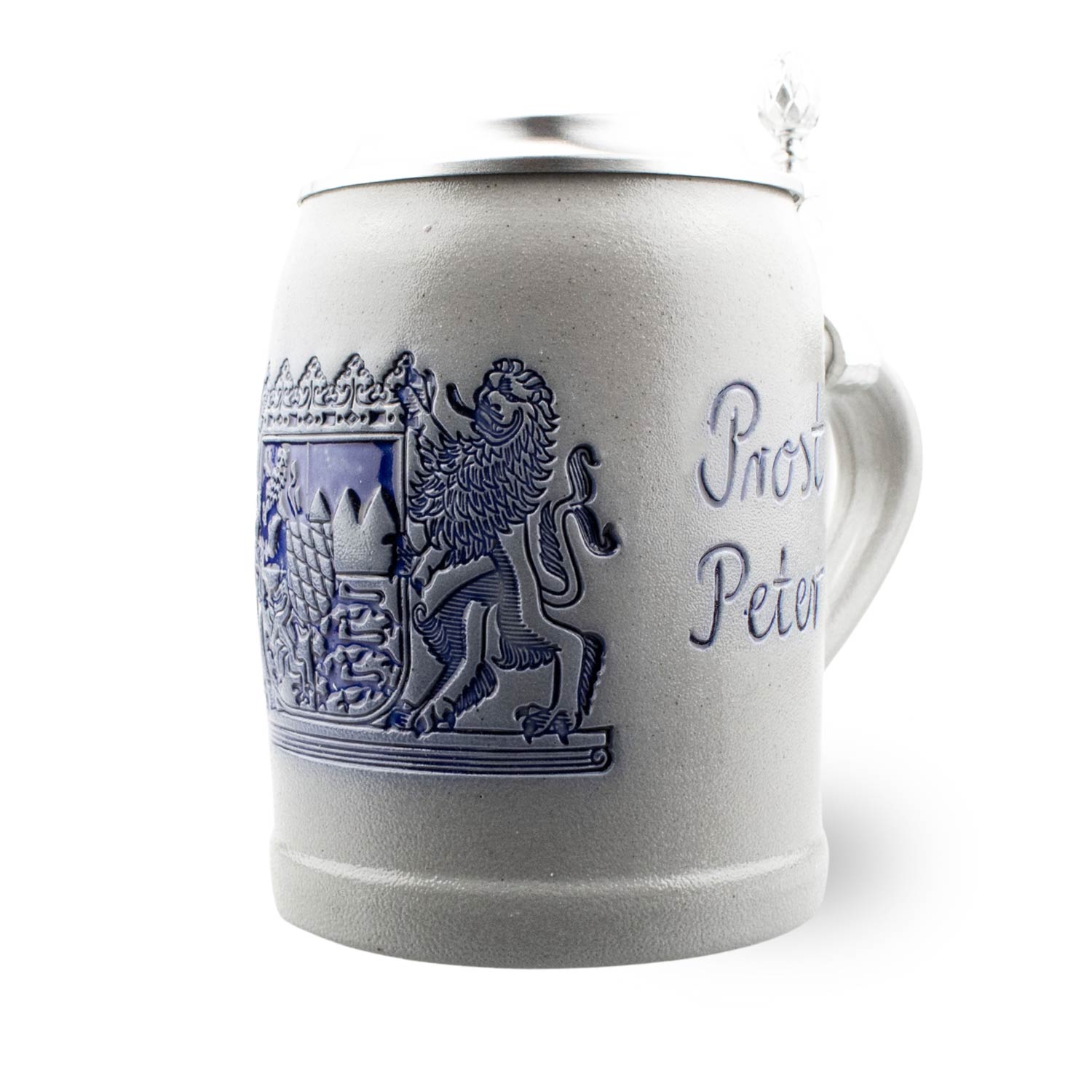 Bierkrug aus Salzglasiertem Steinzeug mit Zinndeckel, blauem Wappen und Schriftzug "Prost Peter".