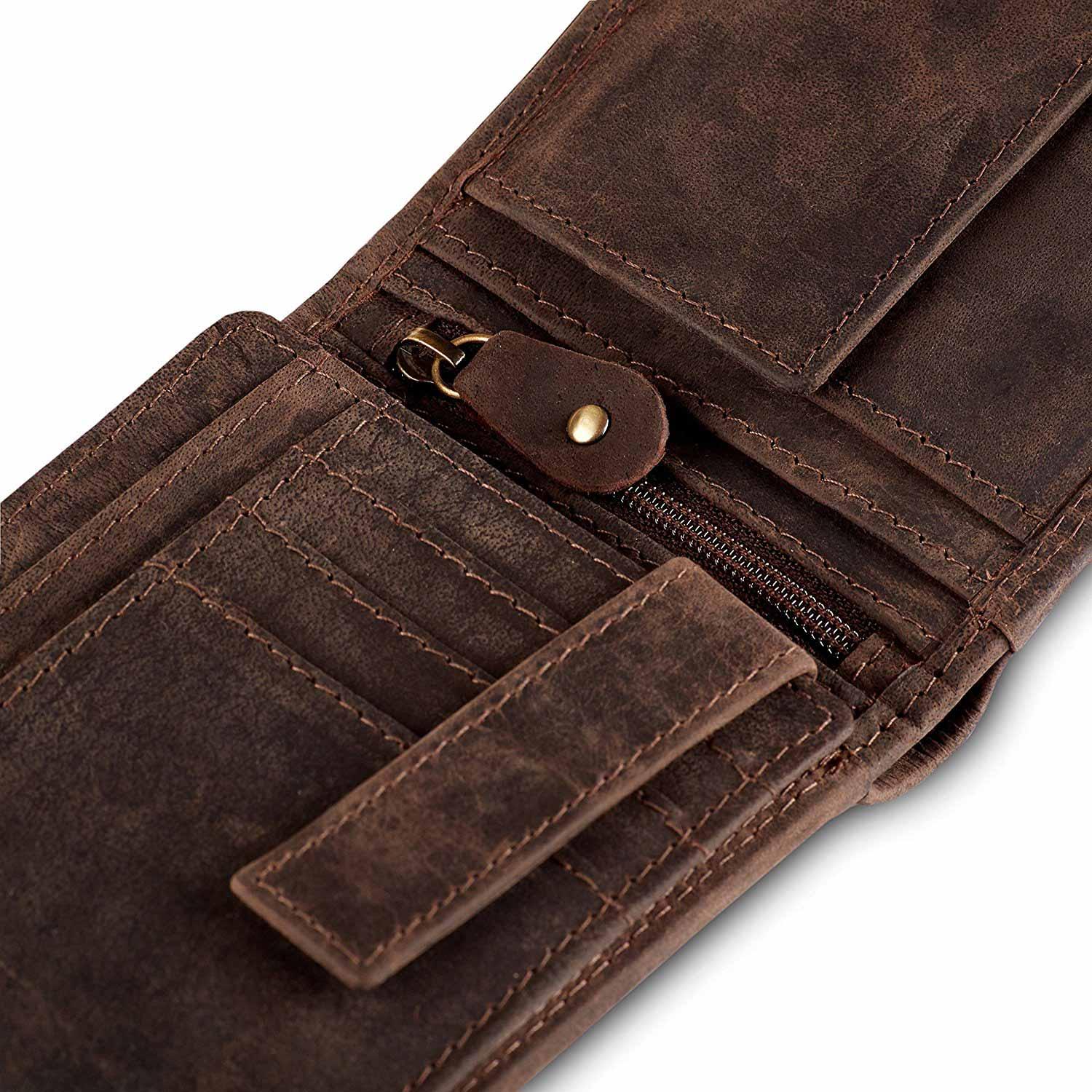Offene braune Ledergeldbörse mit Reißverschlussfach, Steckplätzen und Münzfach für Herren Accessoires.