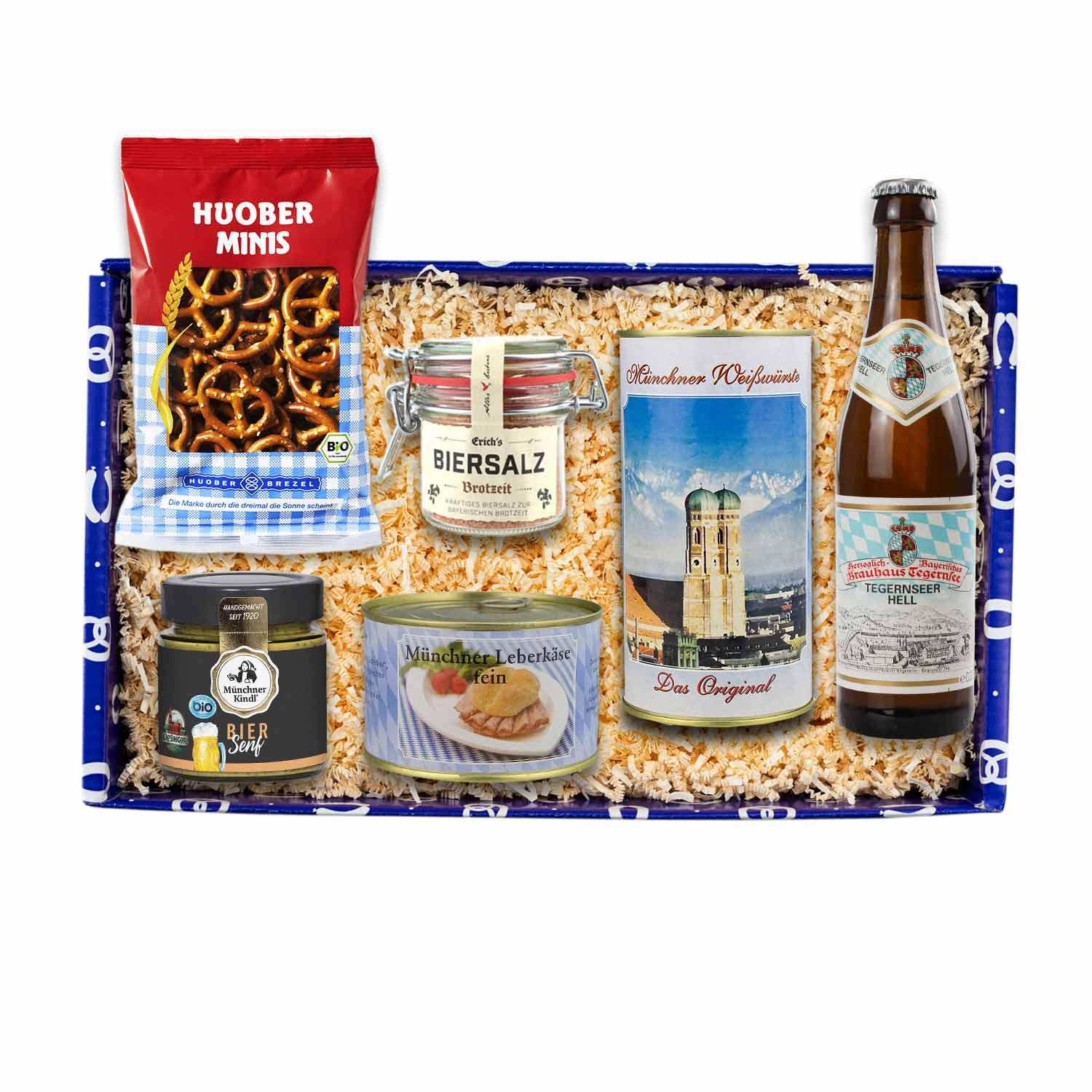 Geschenkbox Brotzeit mit Brezeln, Bier, Weißwurst, Leberkäse, Biersalz und Senf. Eine bayerische Spezialitätenbox.