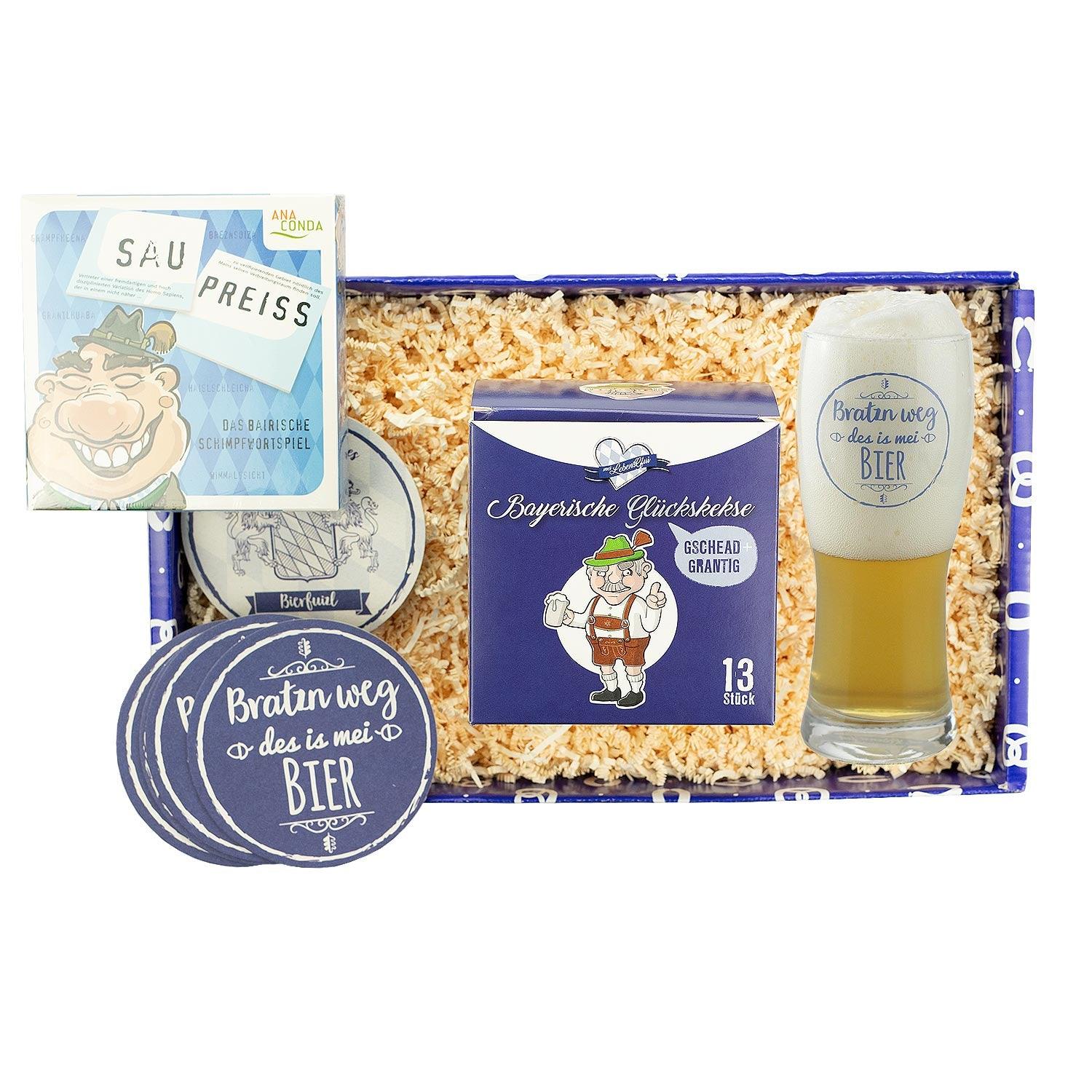 Grantlhuaba Geschenkbox mit bayerischem Schimpfwortspiel, Glückskeksen und Bierglas mit Spruch.