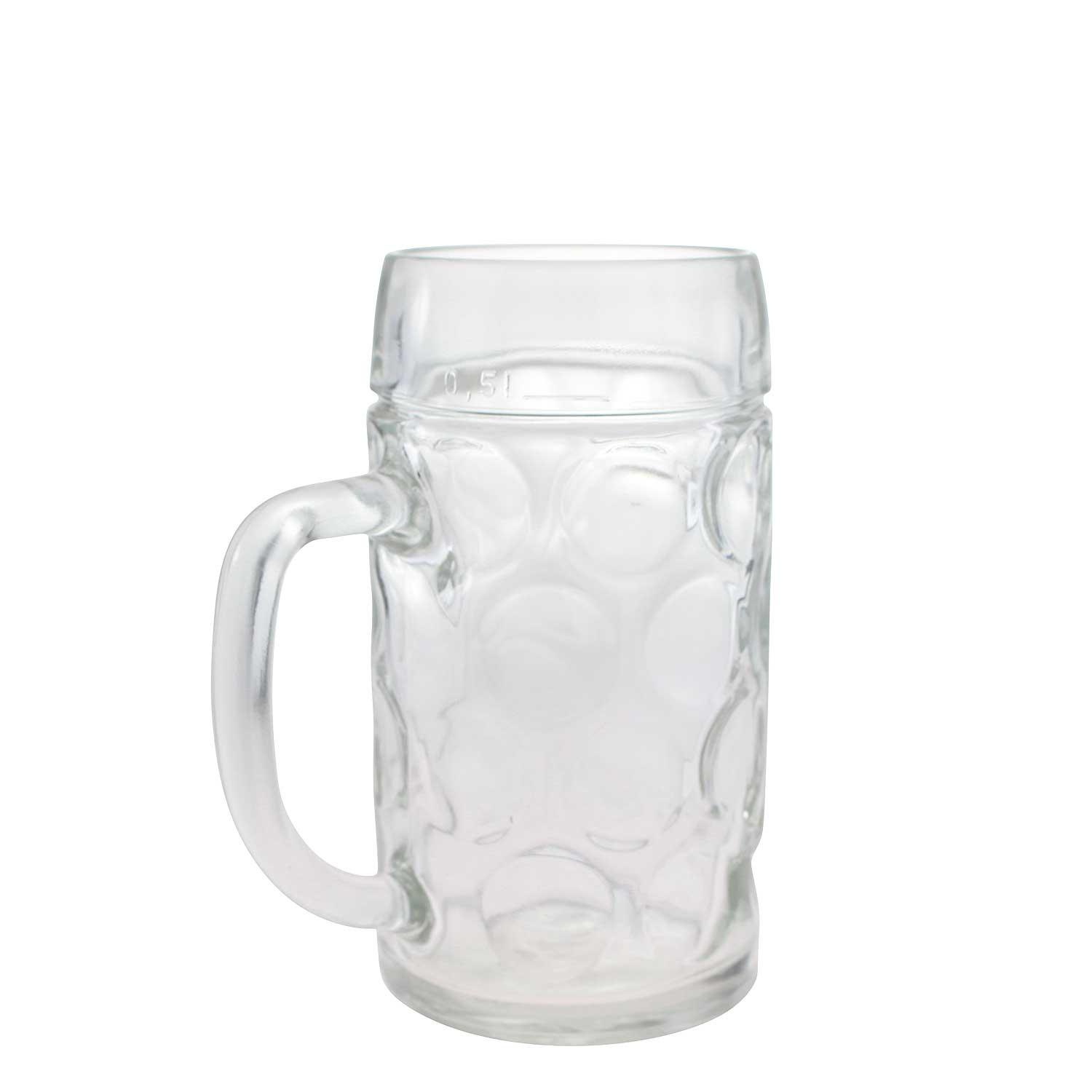 Transparenter Glas-Bierkrug mit 0,5 Liter Füllstrich, klassischem Noppendesign und stabilem Henkel