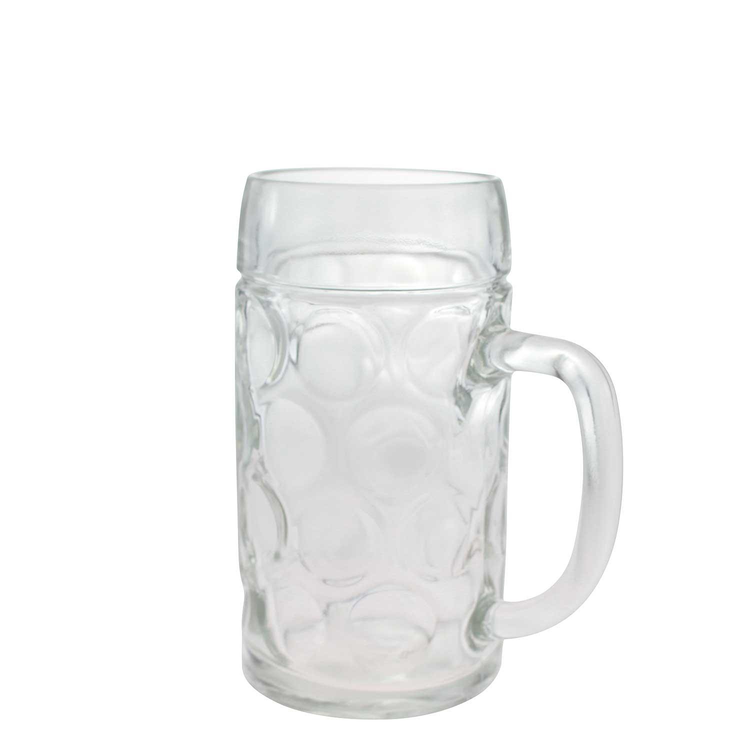 Klassischer leerer Bierkrug aus Glas mit Henkel und traditionellem Noppendesign für Getränke.