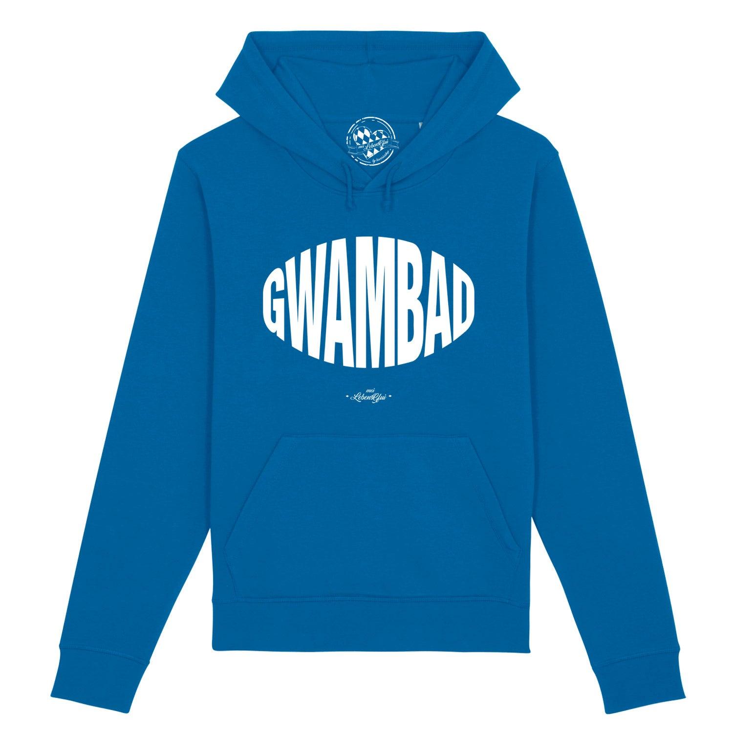 Herren Hoodie "Gwambad" in leuchtendem Königsblau, mit weißem "GWAMBAD" Logoprint und Kängurutasche.