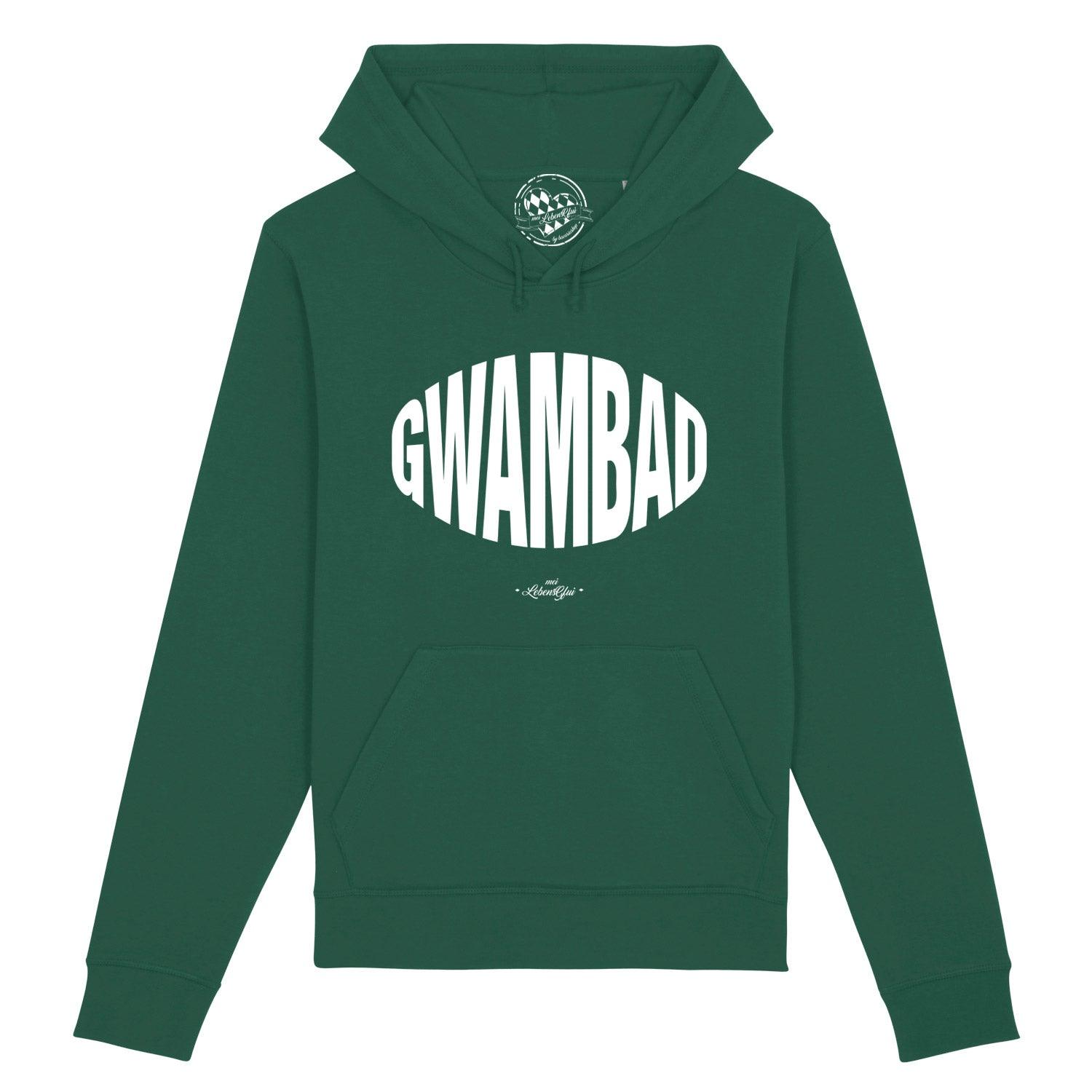 Herren Hoodie Gwambad in Dunkelgrün mit weißem Textaufdruck "GWAMBAD" und Kängurutasche.