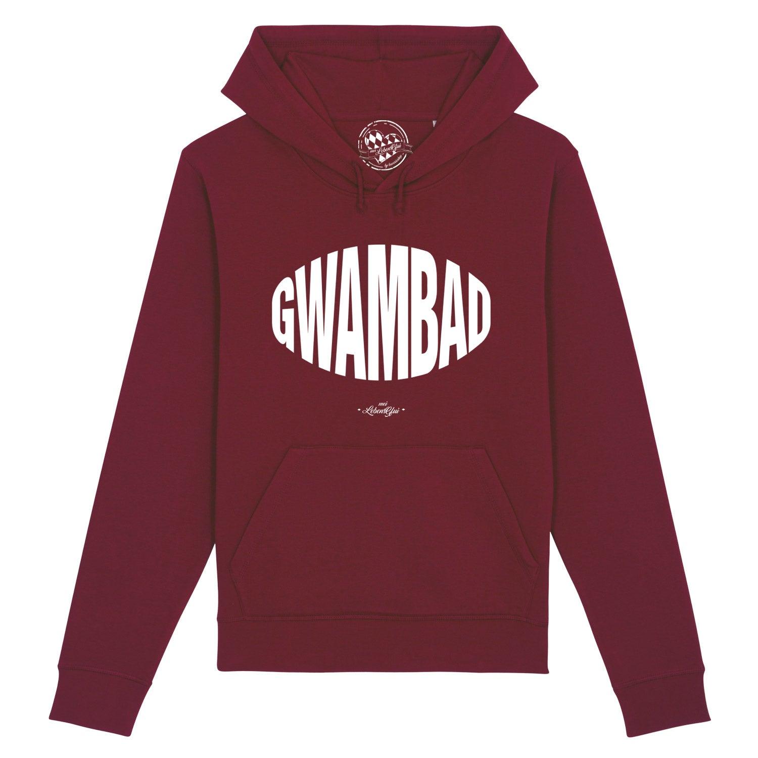 Herren Hoodie Gwambad in Bordeaux-Rot mit weißem ovalem "GwamBAD" Print, Kapuze und Bauchtasche.