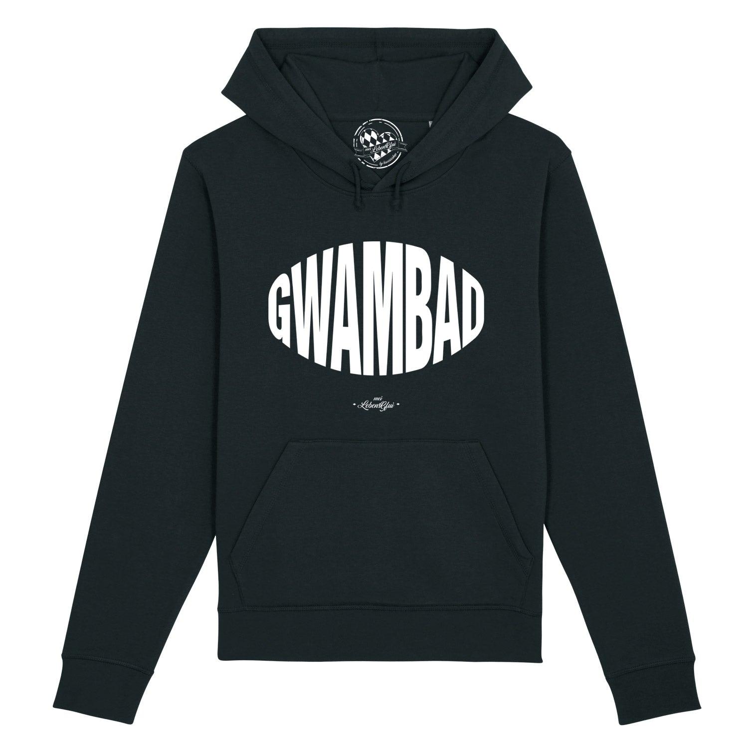 Dunkelgrauer Herren Hoodie Gwambad mit weißem ovalem "GWAMBAD" Aufdruck und kleiner Bauchtasche vorne.