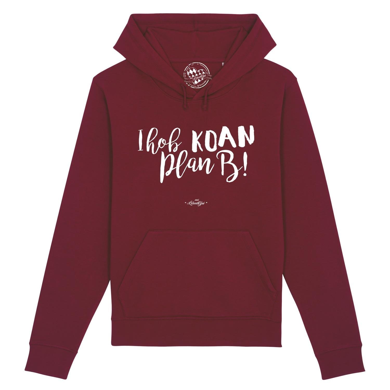Herren Hoodie Koan Plan B in Burgunderrot mit weißem Spruch und Kängurutasche, lässige Passform.