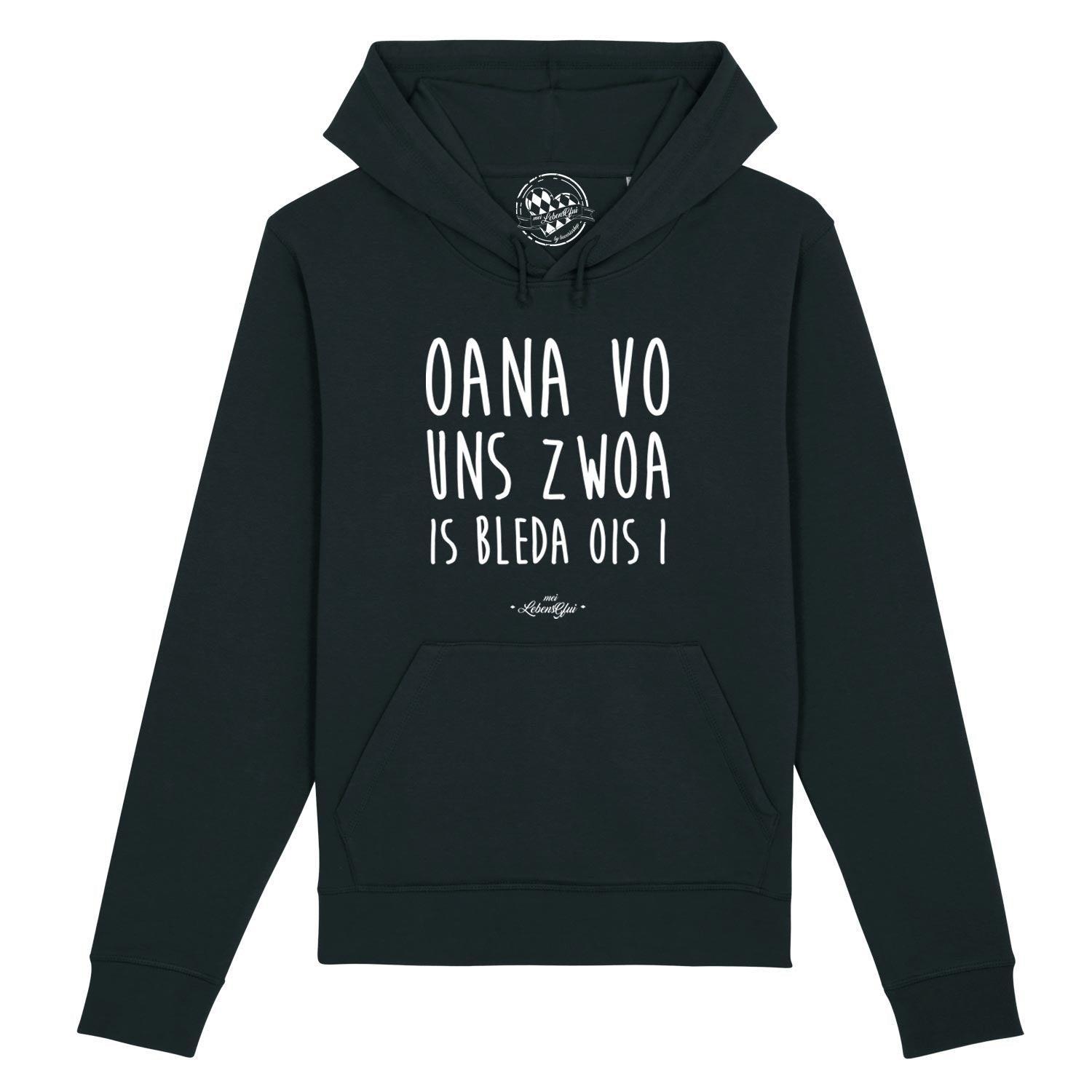 Schwarzer Hoodie Oana vo uns zwoa... mit weißem Schriftzug und Bauchtasche, stylischer Kapuzenpullover.