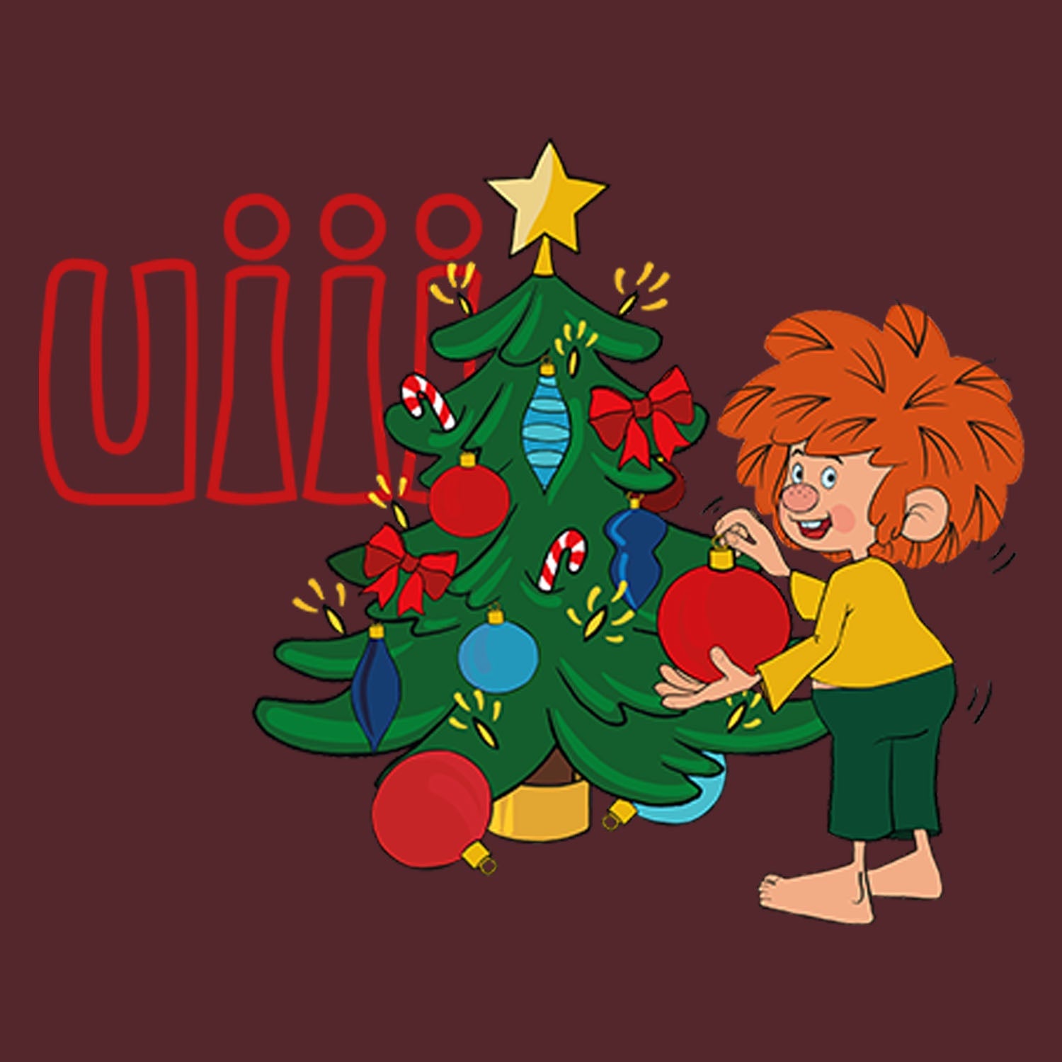 Pumuckl Hoodie "uiii Weihnachten" Emblem: roter Pumuckl schmückt bunten Weihnachtsbaum mit Kugeln