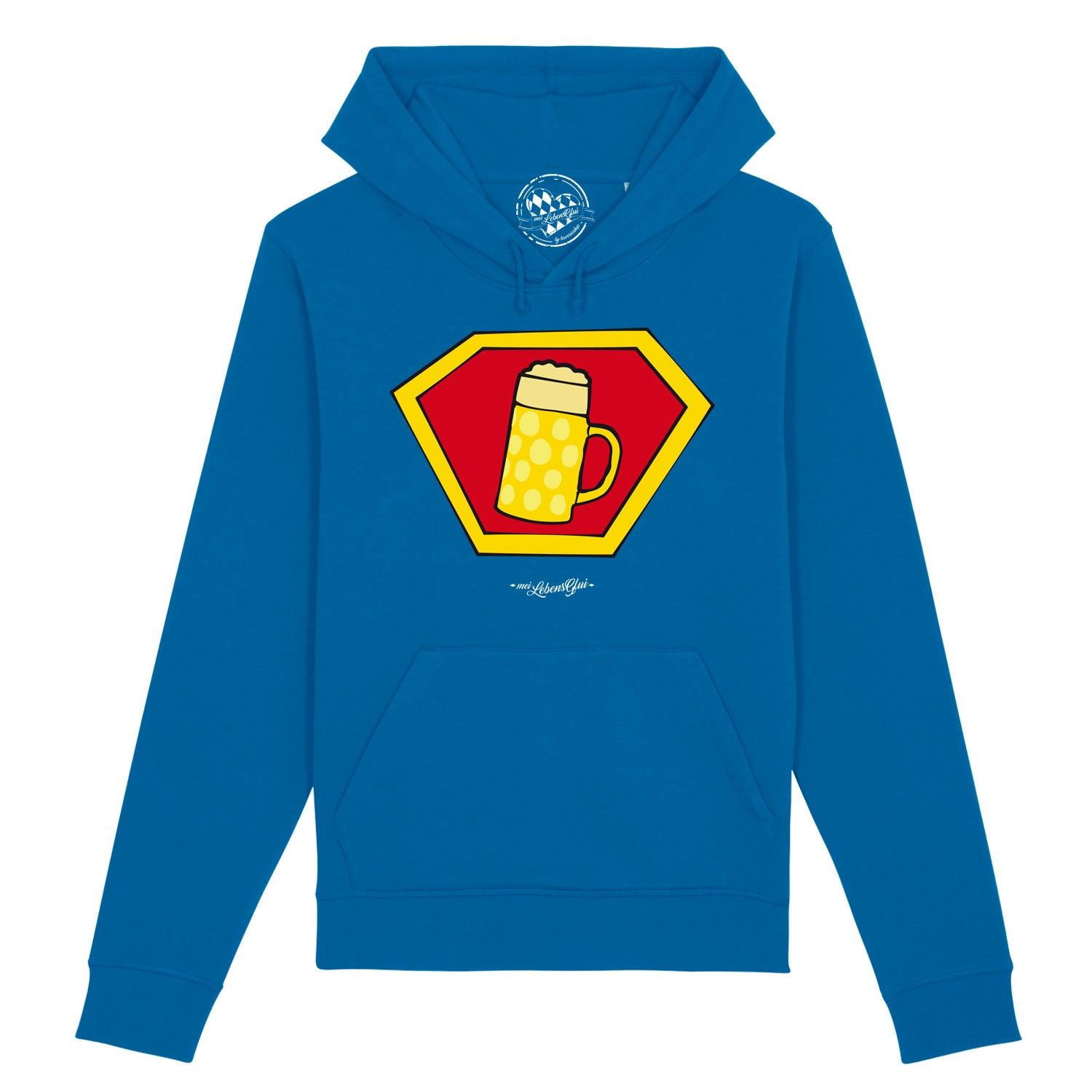Blauer Herren Hoodie "Super-Bierkrug" mit gelbem Krug-Design in rotem Superman-Schild und Kängurutasche.