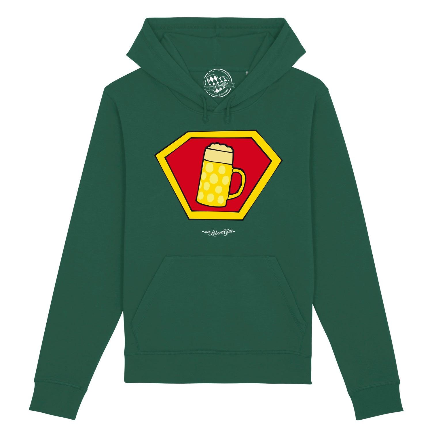 Dunkelgrüner Herren Hoodie Super-Bierkrug mit gelb-rotem Brust-Aufdruck eines Biersymbols im Comichelden-Stil.