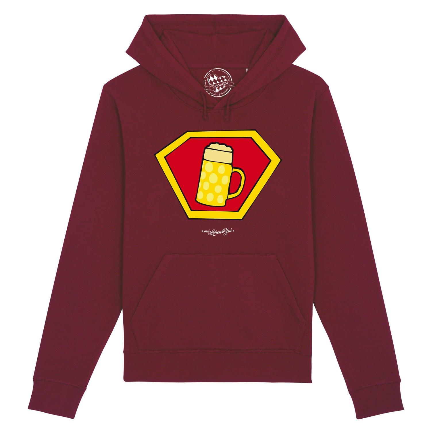 Burgunderfarbener Herren Hoodie "Super-Bierkrug" mit gelbem Comic-Bierkrug im roten Superman-Schild-Design auf der Brust.