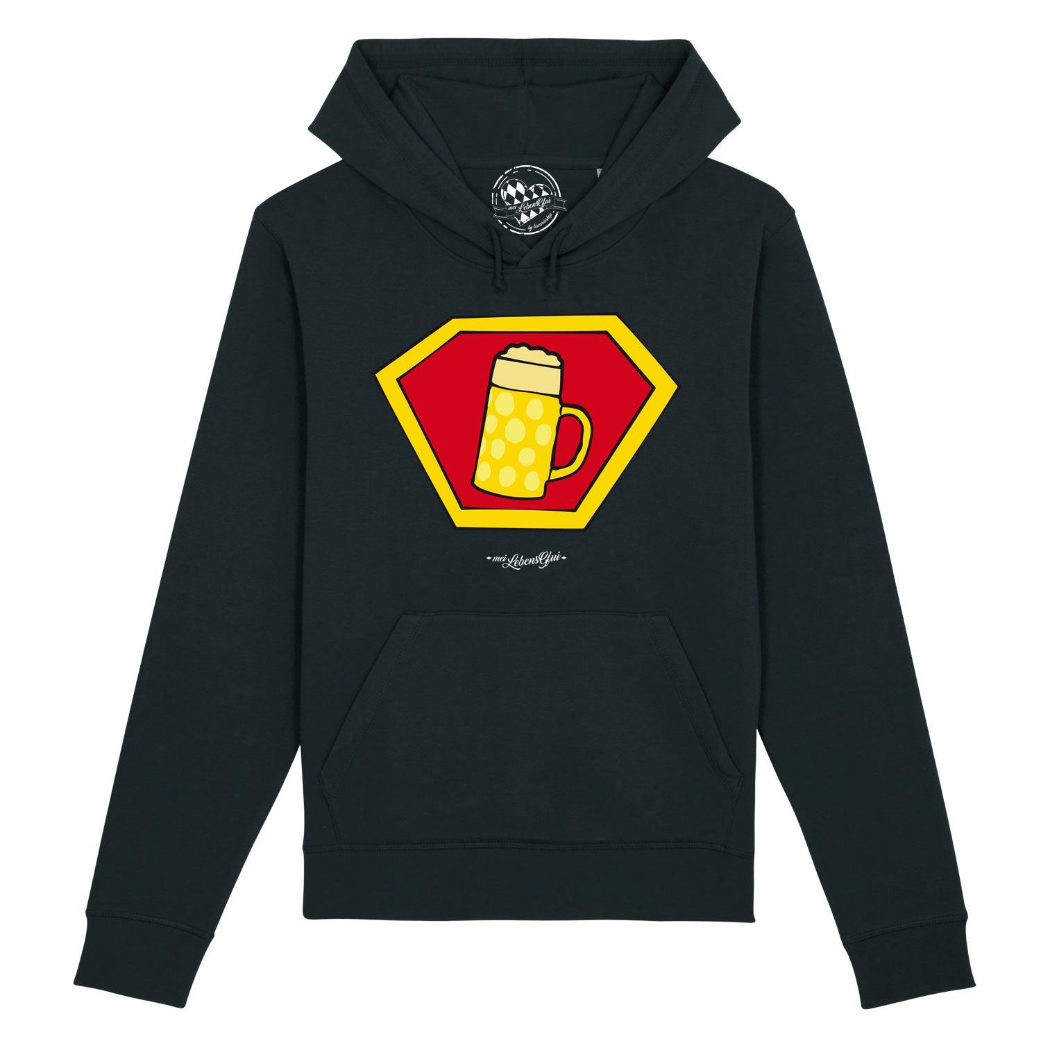 Herren Hoodie Super-Bierkrug, schwarz mit gelb-rotem Wappen-Aufdruck und detailliertem Bierkrugmotiv.