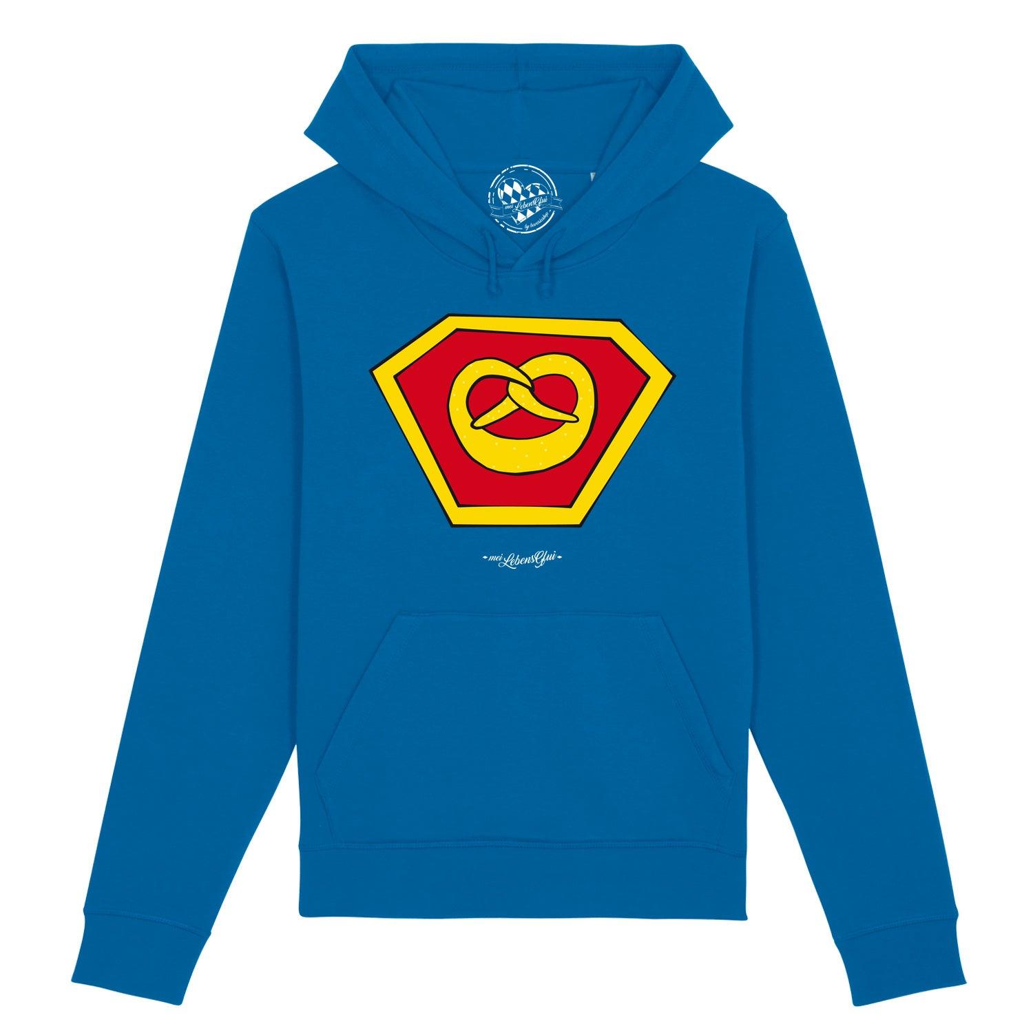 Herren Hoodie "Super-Brezn", marineblau mit Brezel-Superheldenlogo und Kängurutasche.